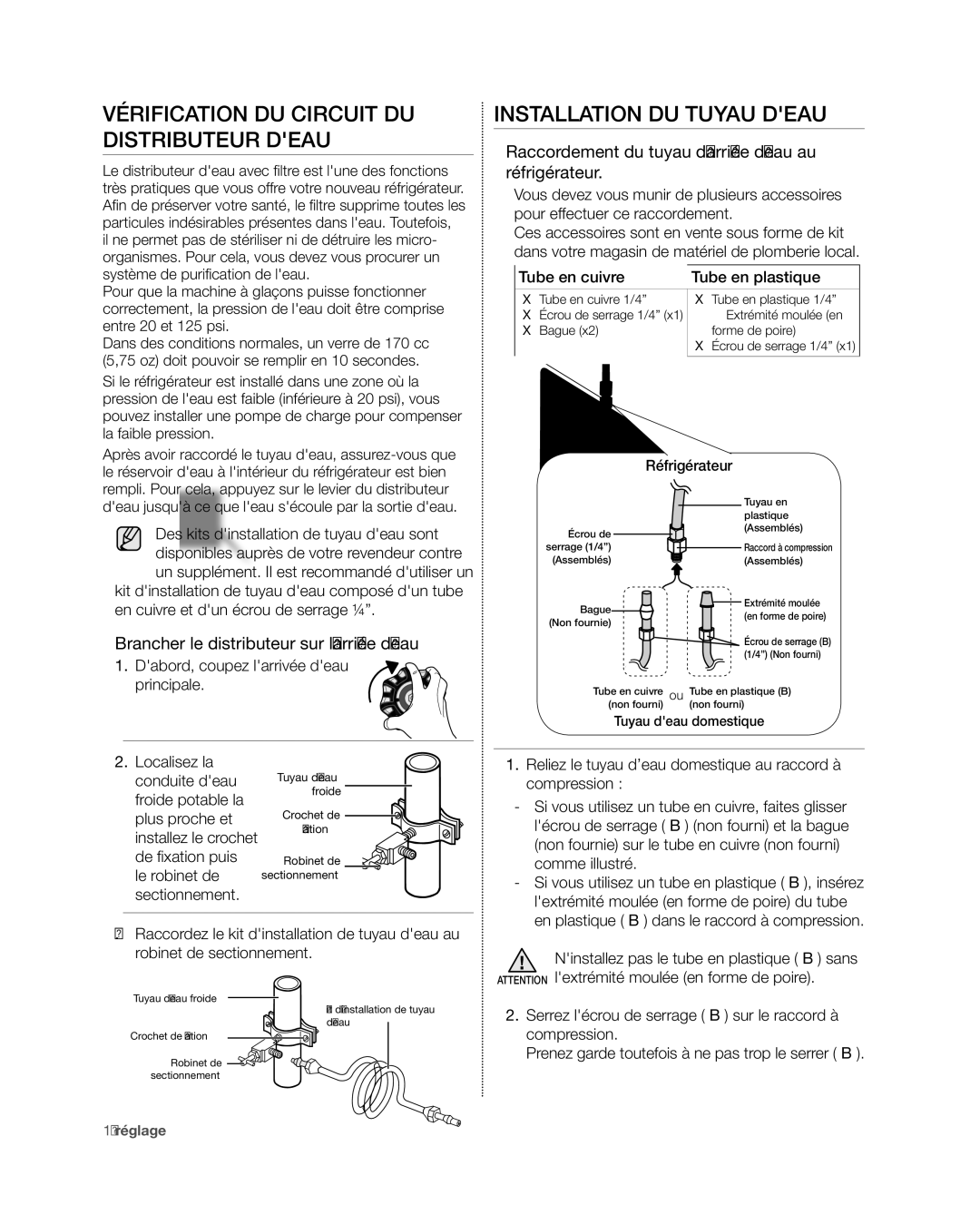 Samsung RF4267HA user manual Vérification du circuit du distributeur deau, Installation du tuyau deau 