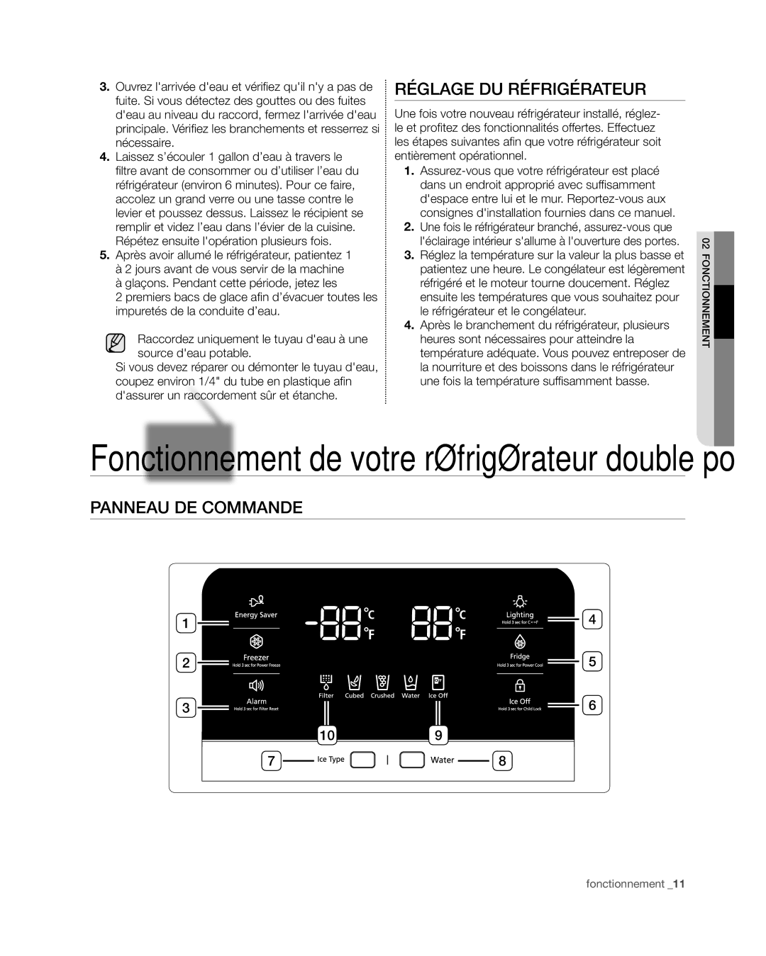 Samsung RF4267HA user manual Réglage du réfrigérateur, Panneau de commande 