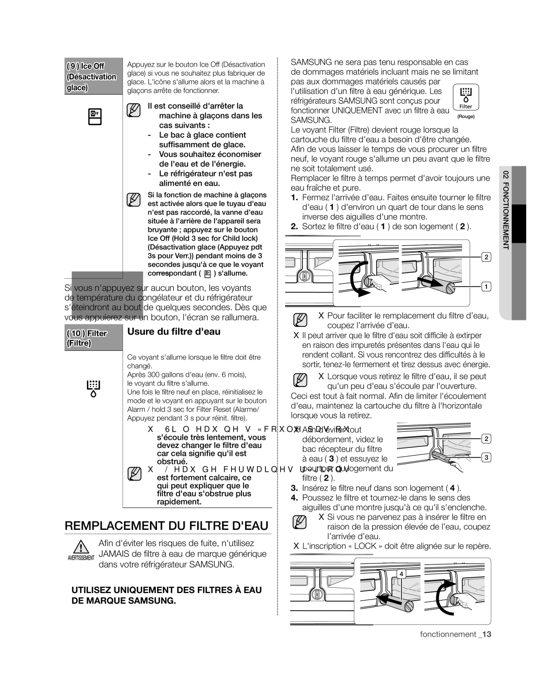 Samsung RF4267HA Remplacement du filtre deau, Usure du filtre deau, Le voyant Filter Filtre devient rouge lorsque la 