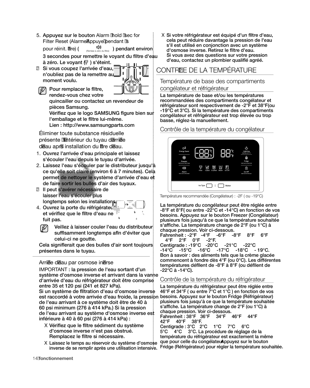 Samsung RF4267HA user manual Contrôle de la température du congélateur, Contrôle de la température du réfrigérateur 