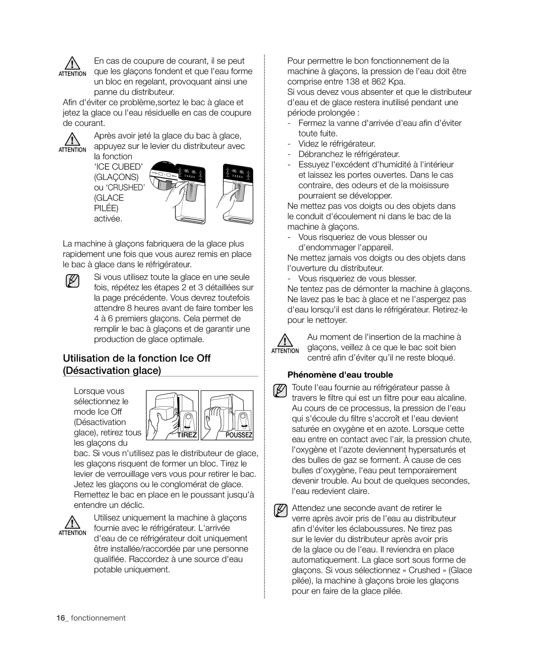 Samsung RF4267HA user manual Utilisation de la fonction Ice Off Désactivation glace, La fonction, Ou ‘CRUSHED’, Activée 