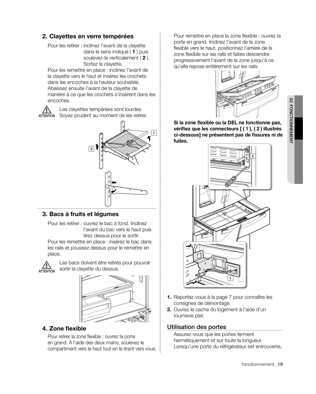 Samsung RF4267HA user manual Clayettes en verre tempérées, Bacs à fruits et légumes, Zone flexible, Utilisation des portes 