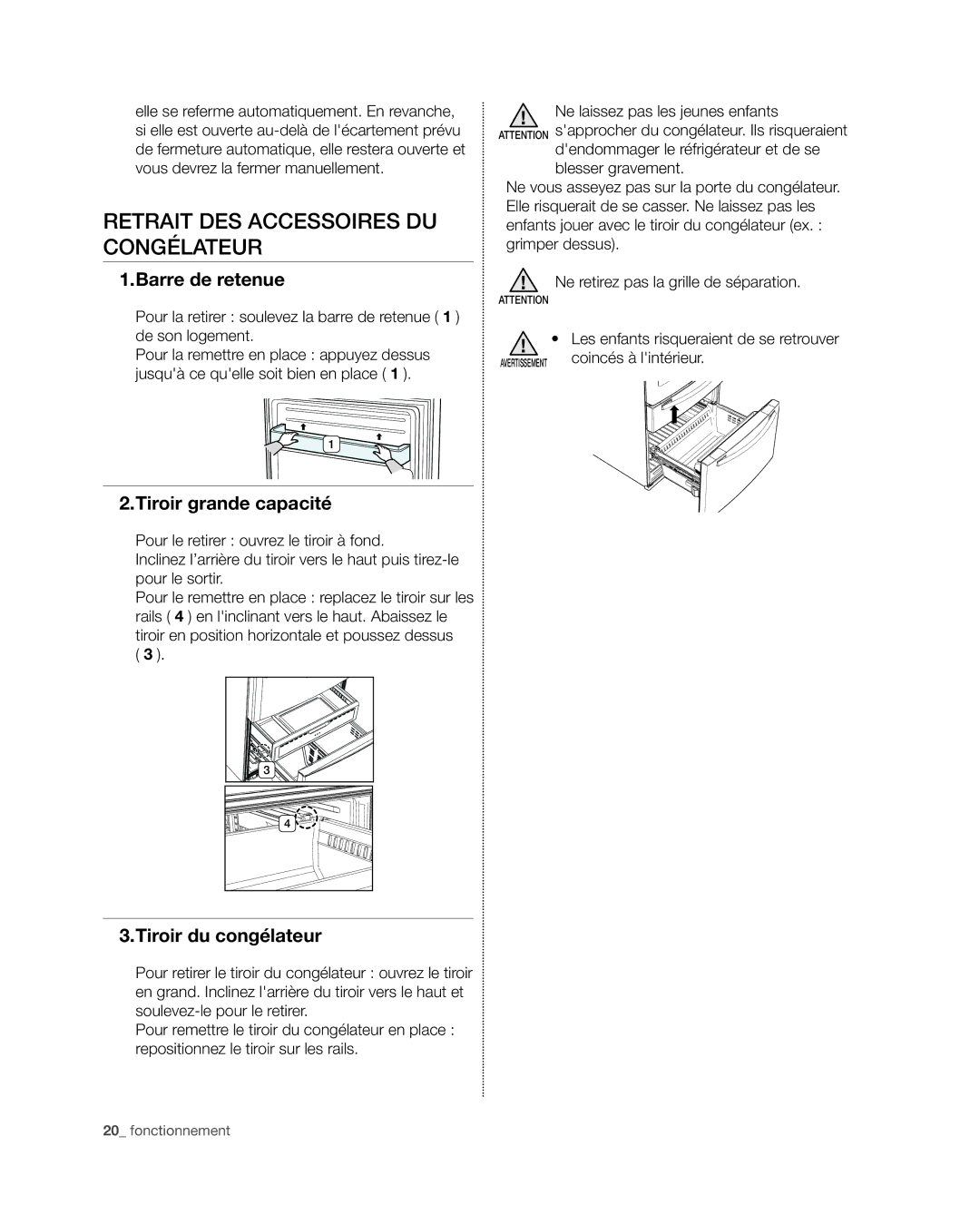 Samsung RF4267HA Retrait des accessoires du congélateur, Barre de retenue, Tiroir grande capacité, Tiroir du congélateur 
