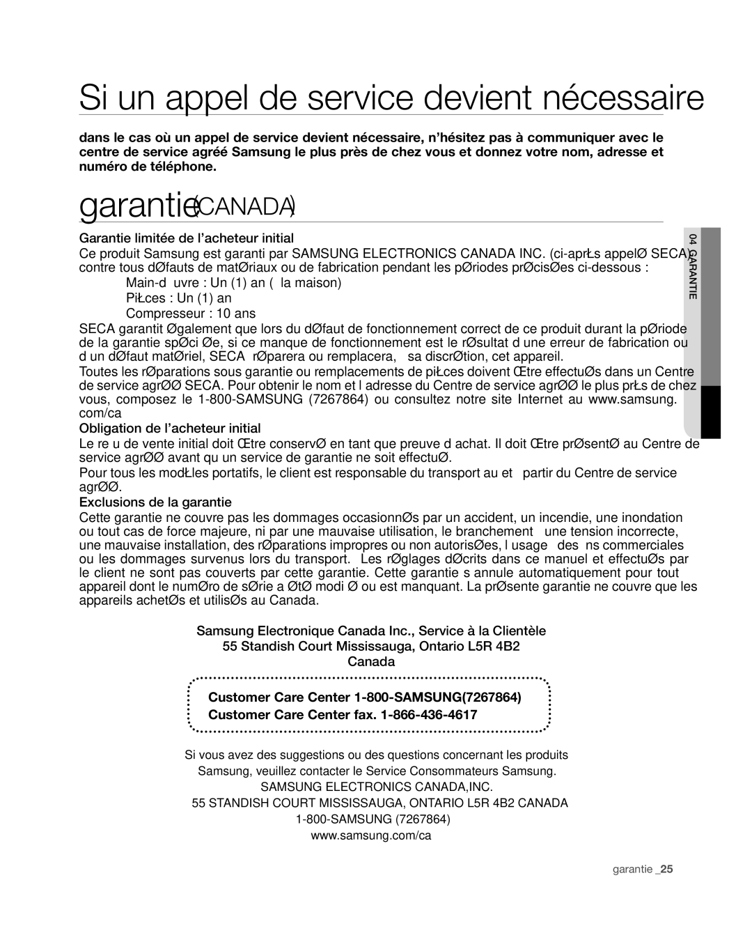 Samsung RF4267HA user manual Garantie Canada, Si un appel de service devient nécessaire 