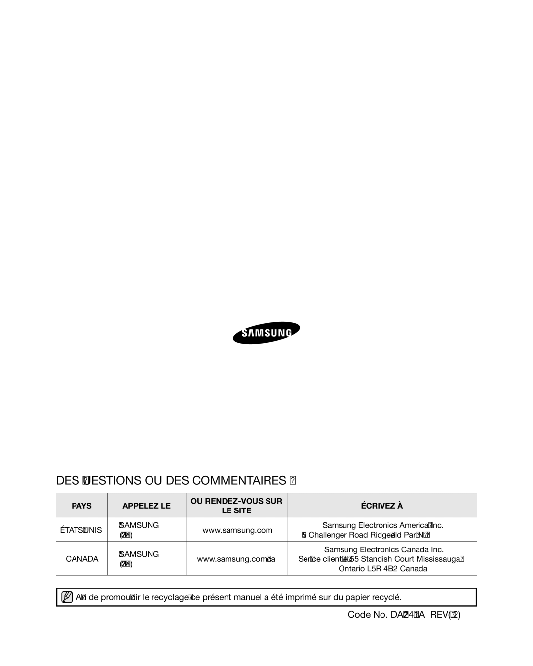 Samsung RF4267HA user manual DES Questions OU DES Commentaires ?, Pays Appelez LE OU RENDEZ-VOUS SUR Écrivez À 