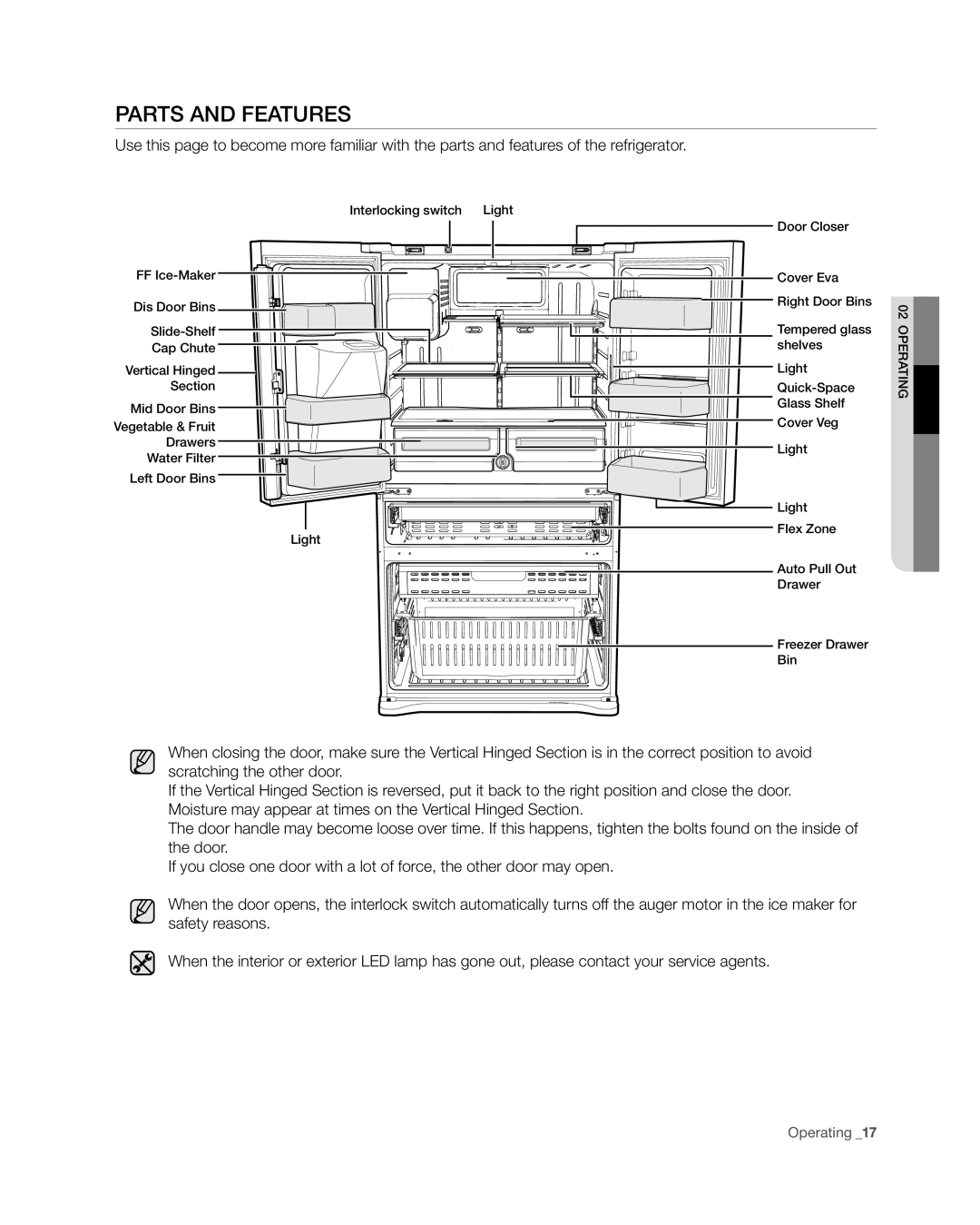 Samsung RF4267HA user manual Parts and features, Operating _17 