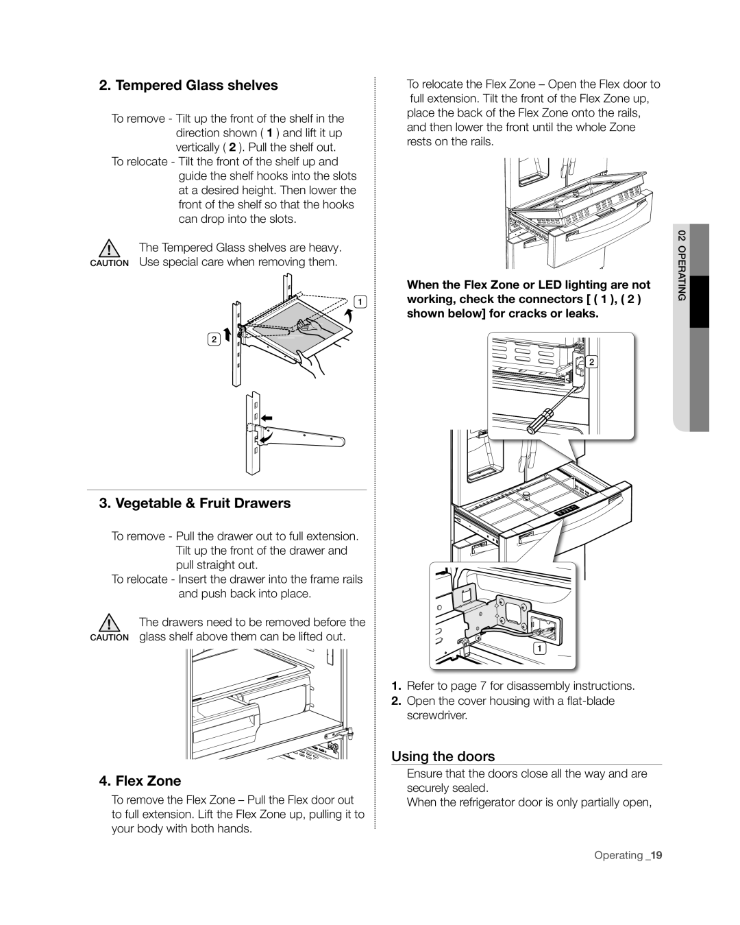 Samsung RF4267HA user manual Tempered Glass shelves, Vegetable & Fruit Drawers, Flex Zone, Using the doors 