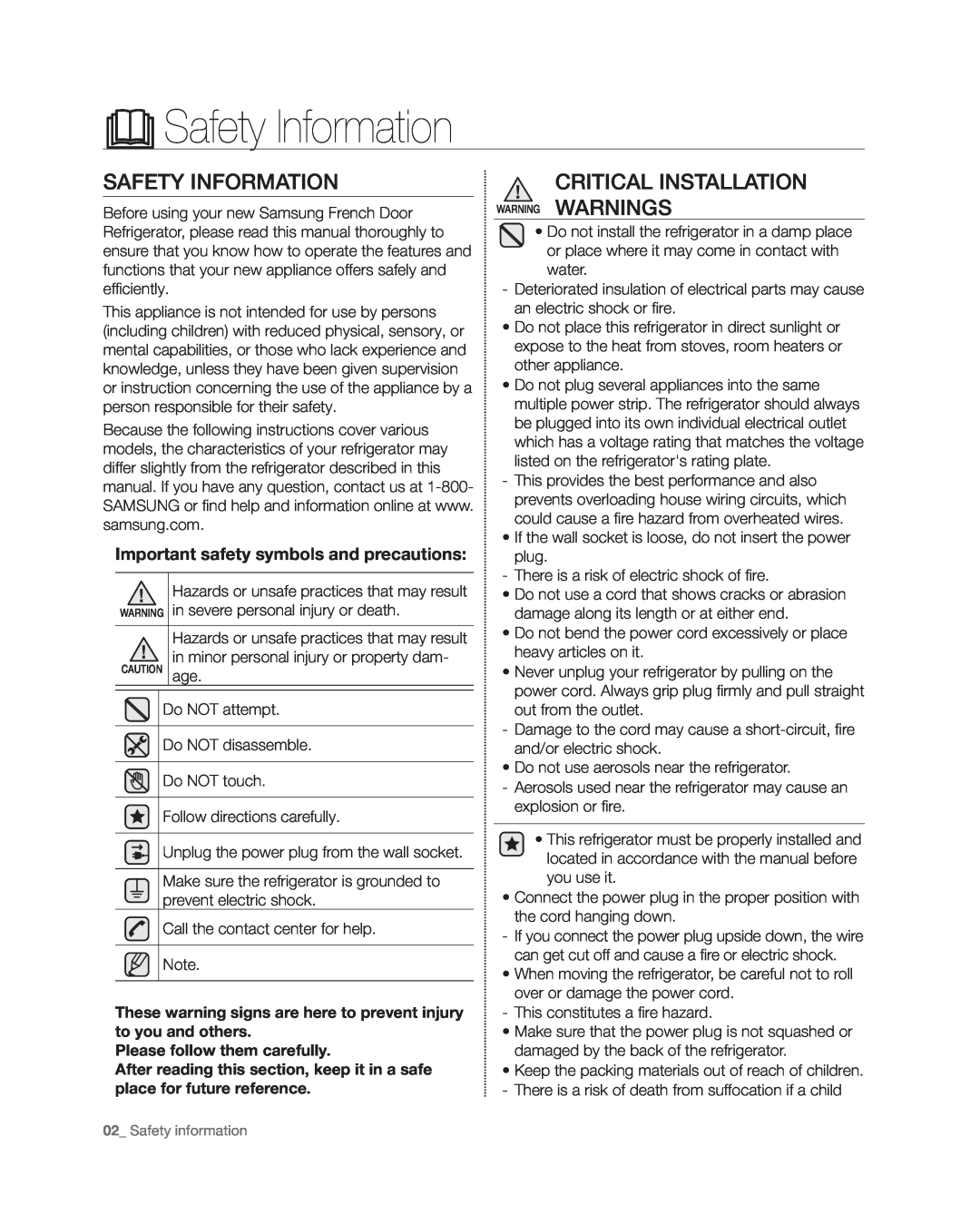 Samsung RF4267HA user manual Safety Information, Important safety symbols and precautions, Please follow them carefully 