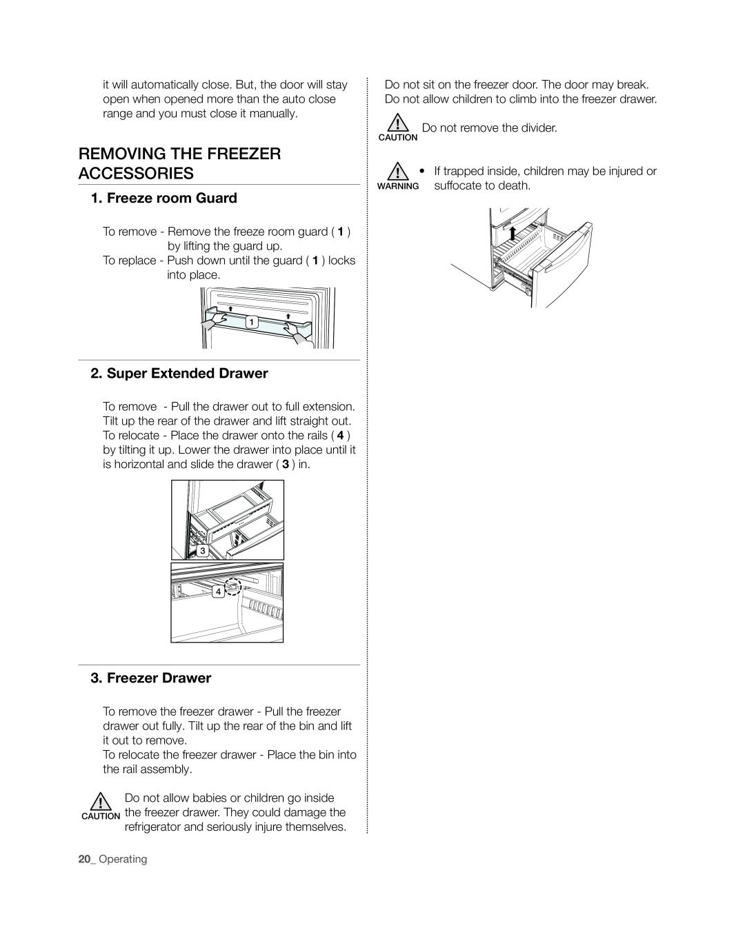 Samsung RF4267HA user manual Removing the freezer accessories, Freeze room Guard, Super Extended Drawer, Freezer Drawer 