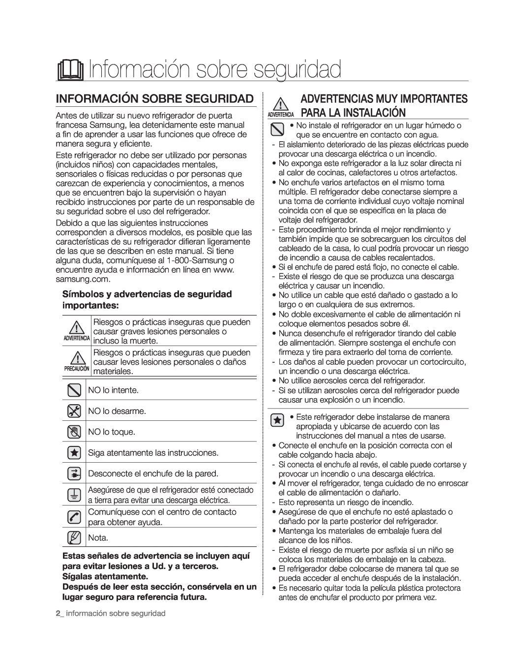 Samsung RF4267HA user manual Información sobre seguridad, Información Sobre Seguridad 