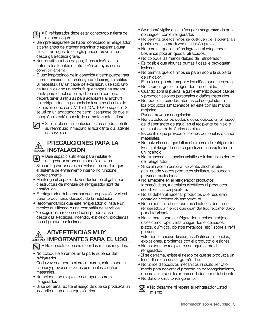 Samsung RF4267HA user manual Advertencias Muy, Advertencia Importantes Para El Uso 
