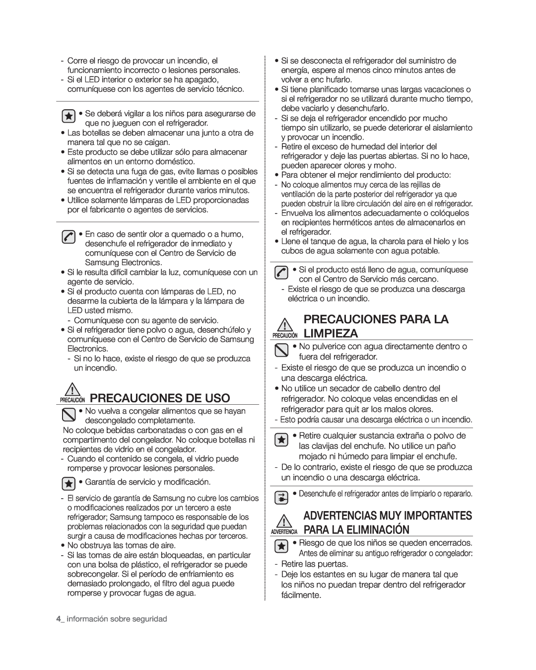 Samsung RF4267HA user manual precaución PRECAUCIONES DE USO, Precauciones Para La 