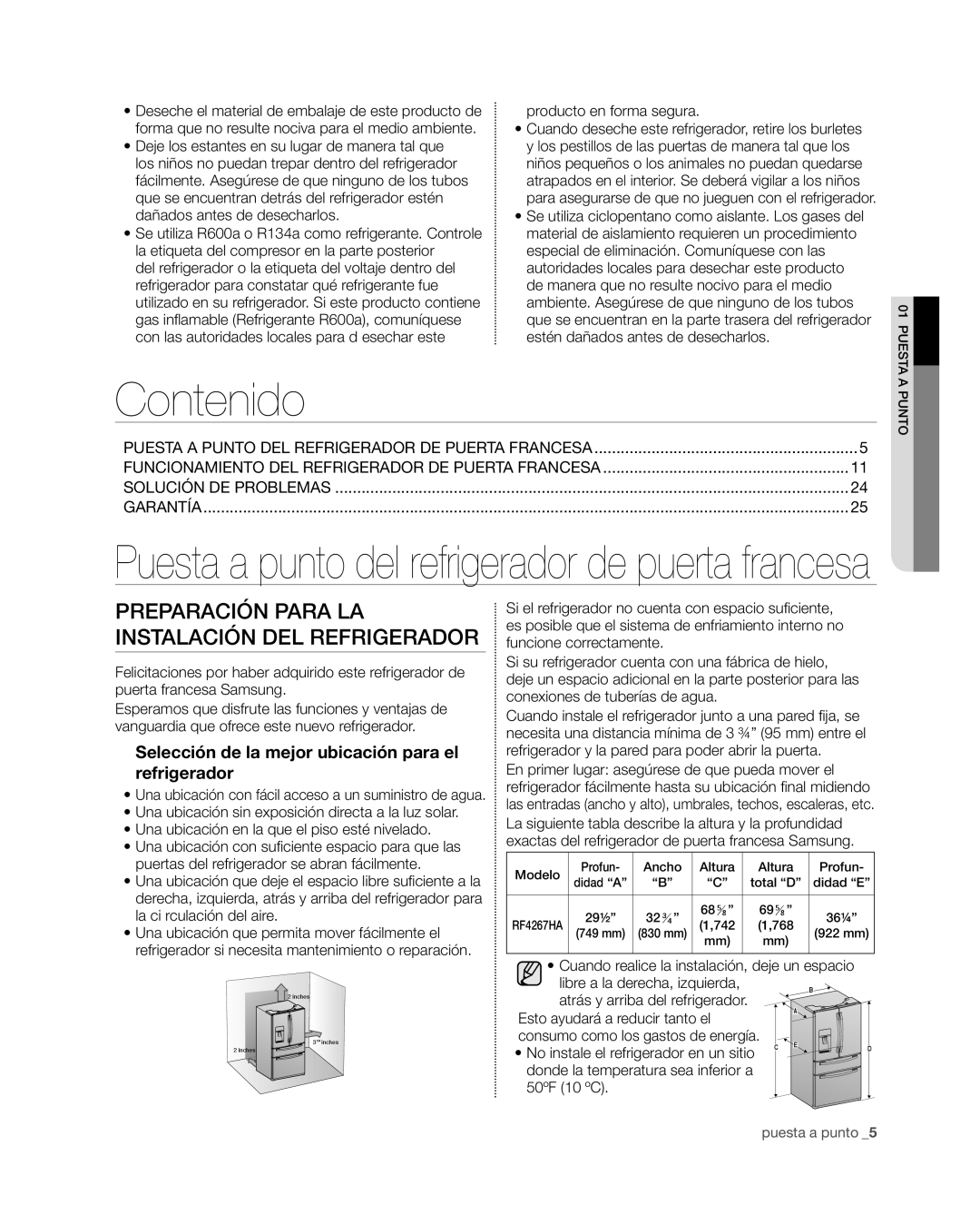 Samsung RF4267HA user manual Contenido, Preparación para la instalación del refrigerador 