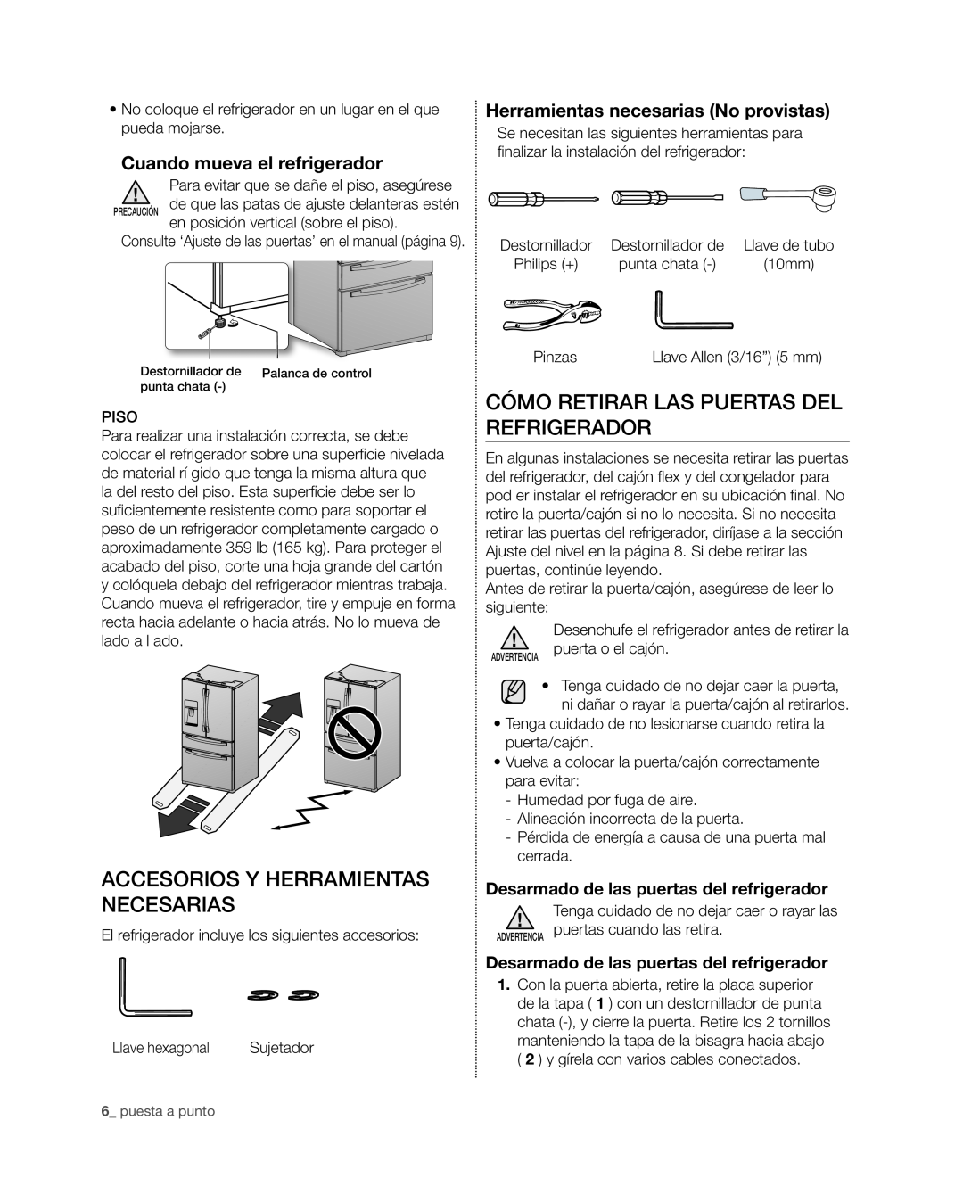 Samsung RF4267HA user manual Accesorios y herramientas necesarias, Cómo retirar las puertas del refrigerador 