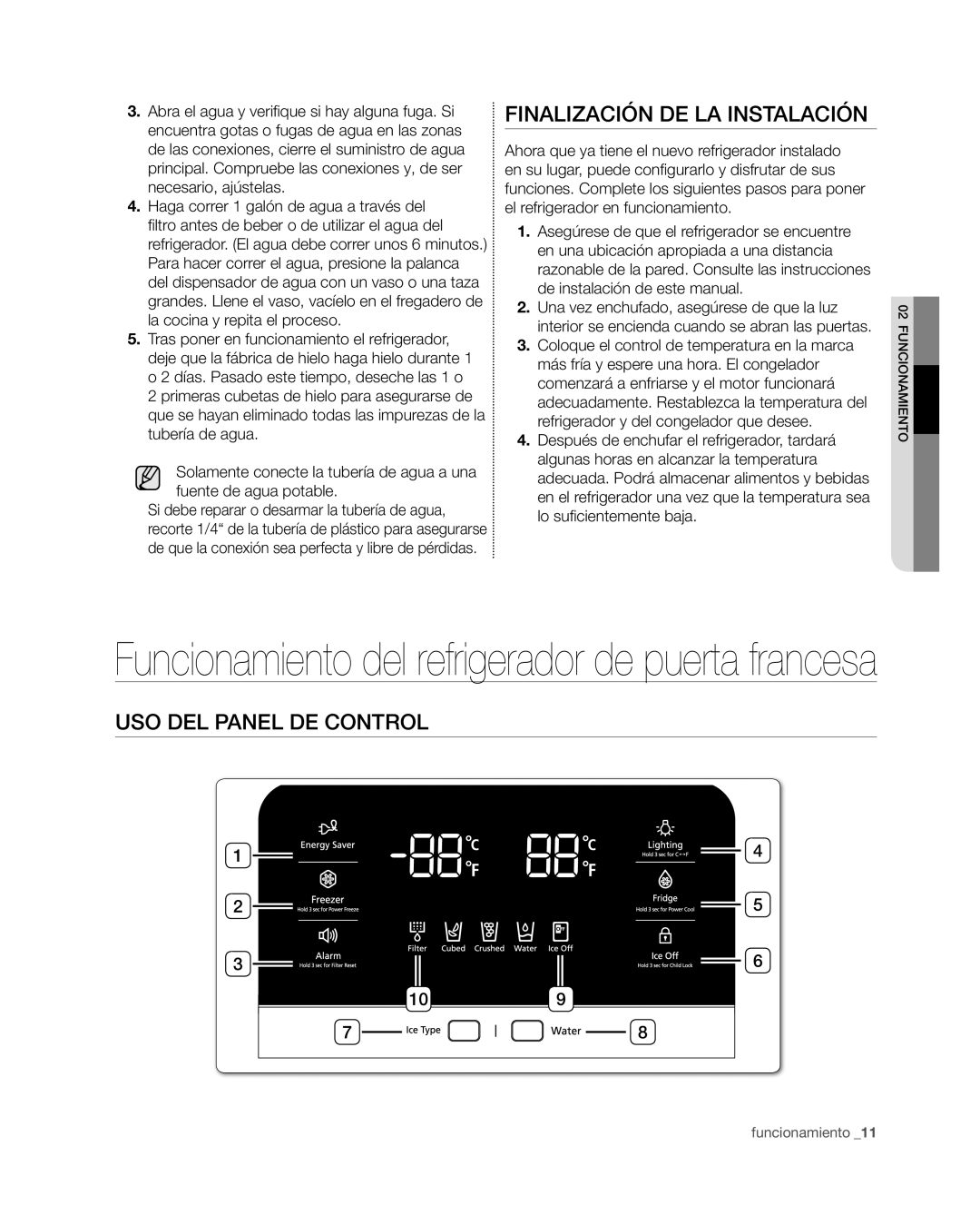 Samsung RF4267HA user manual Finalización de la instalación, Uso del panel de control, funcionamiento _11 