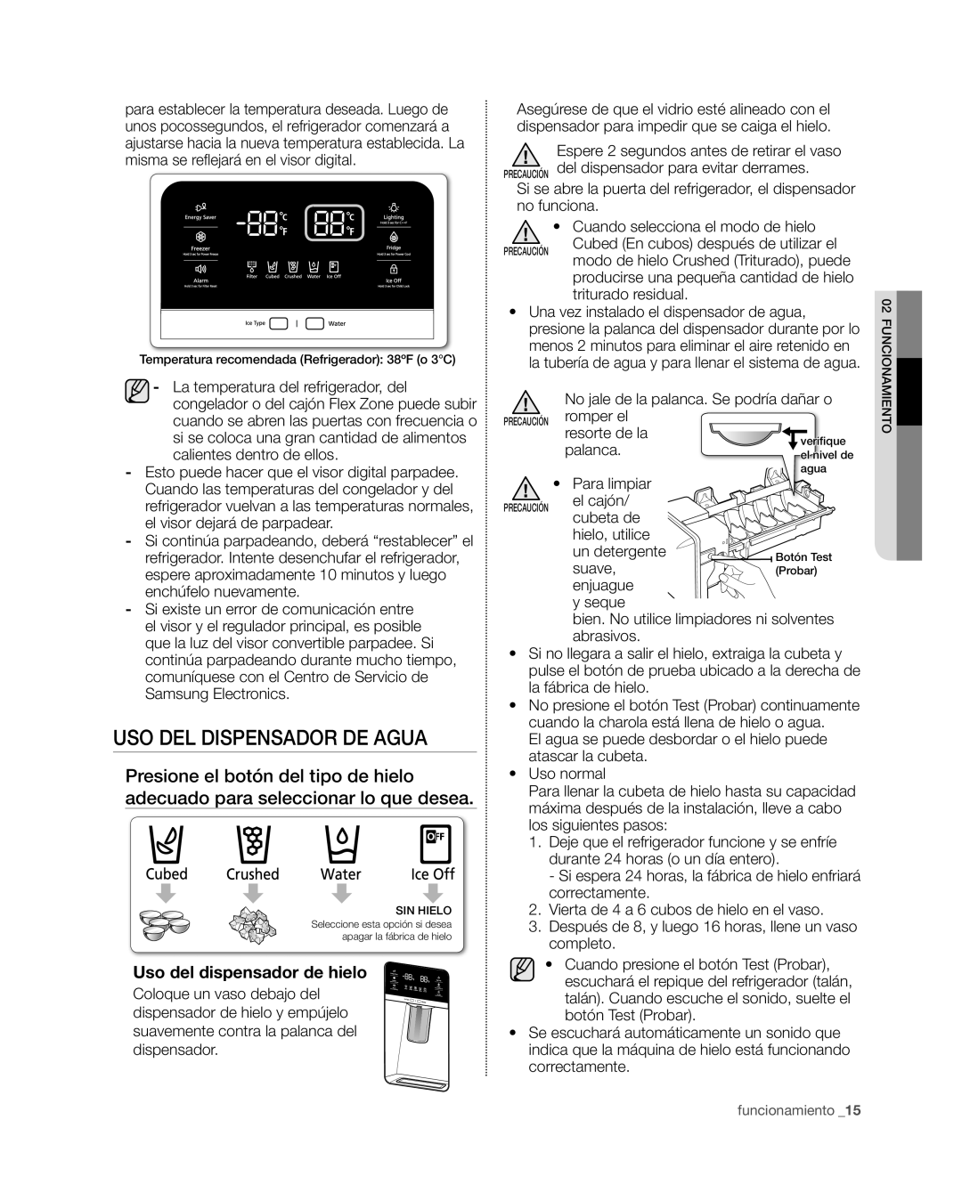 Samsung RF4267HA user manual Uso Del Dispensador De Agua, Uso del dispensador de hielo 