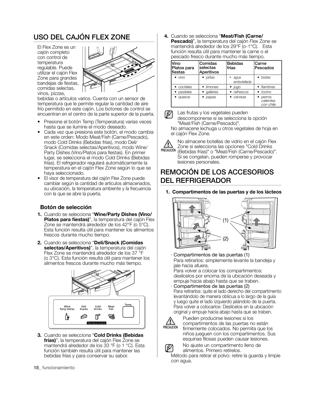 Samsung RF4267HA user manual Uso del cajón Flex Zone, Remoción de los accesorios del refrigerador, Botón de selección 
