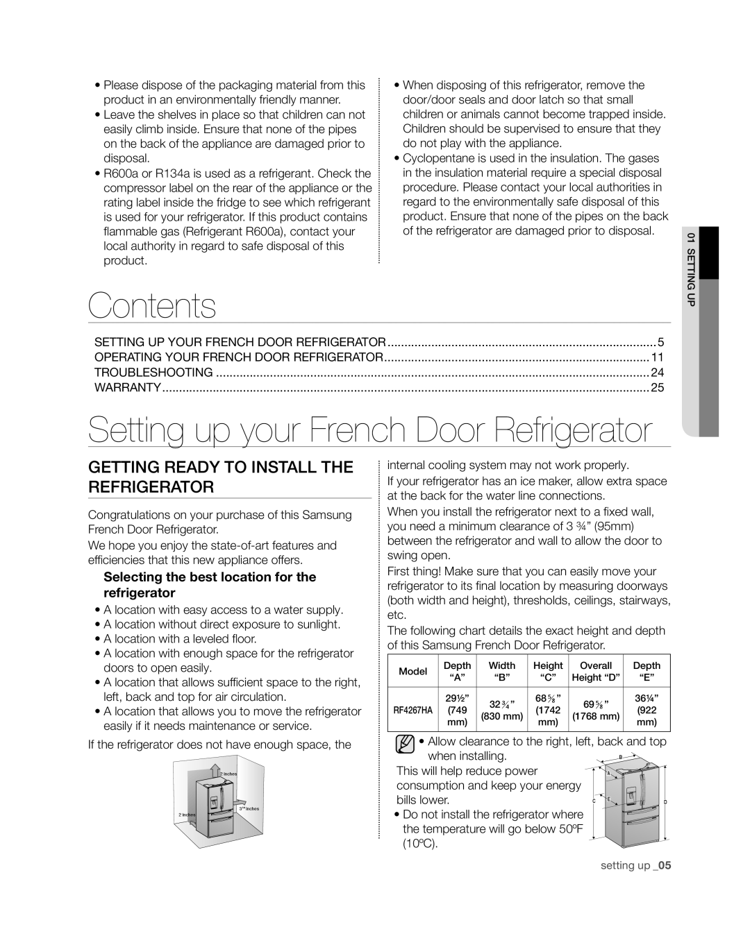 Samsung RF4267HA user manual Contents, Setting up your French Door Refrigerator, Getting ready to install the refrigerator 