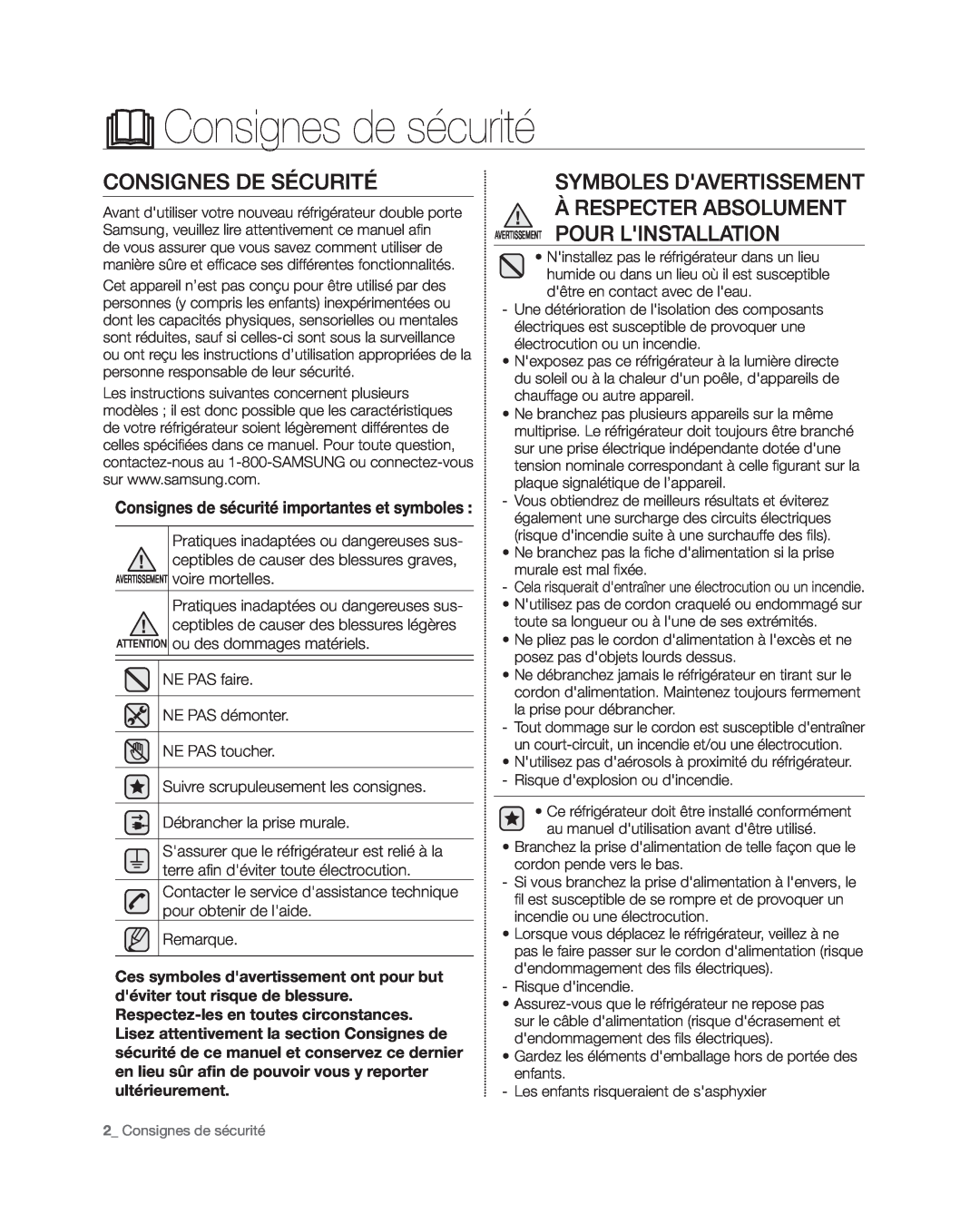 Samsung RF4267HA user manual Consignes de sécurité, Consignes De Sécurité, Symboles Davertissement 