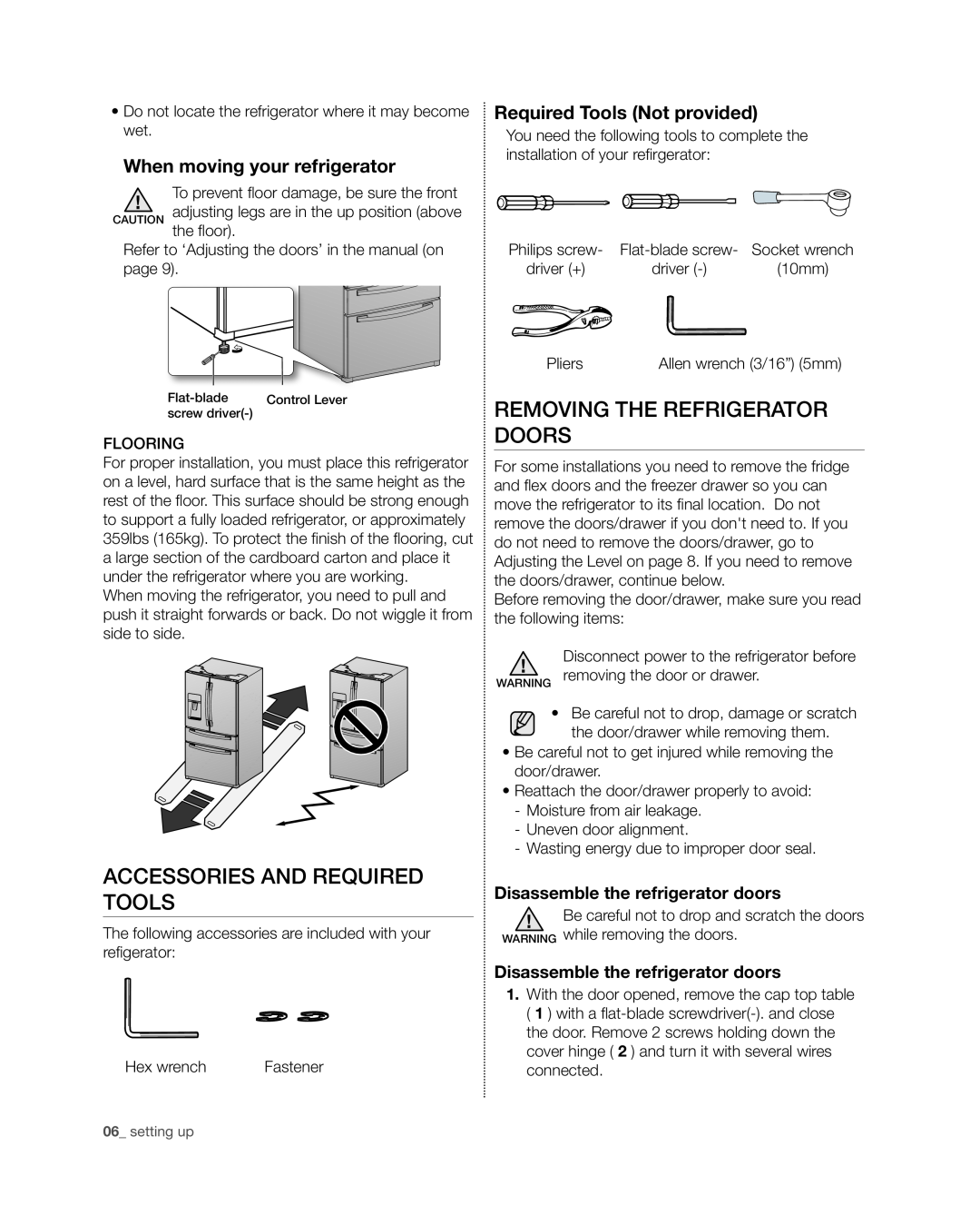 Samsung RF4267HA user manual Accessories and required tools, Removing the refrigerator doors, When moving your refrigerator 