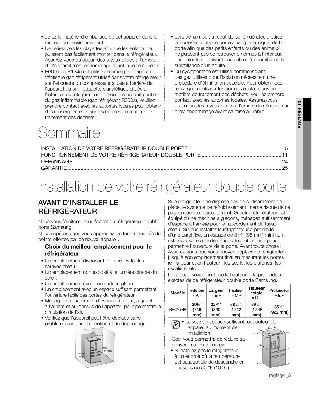 Samsung RF4267HA user manual Sommaire, Avant dinstaller le réfrigérateur, Installation de votre réfrigérateur double porte 