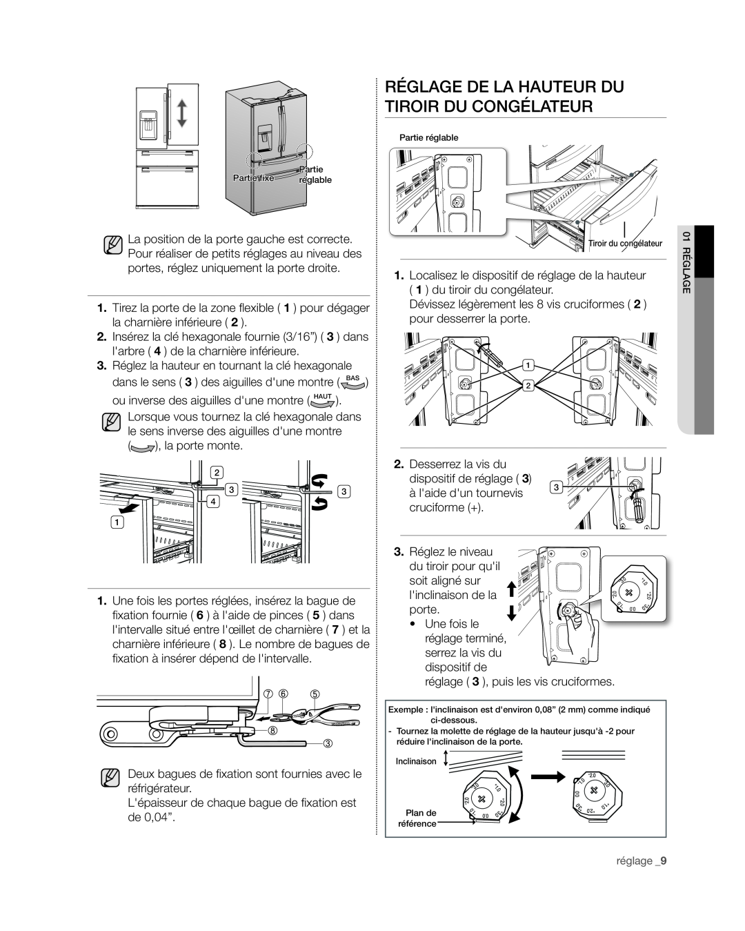 Samsung RF4267HA user manual Réglage de la hauteur du tiroir du congélateur 