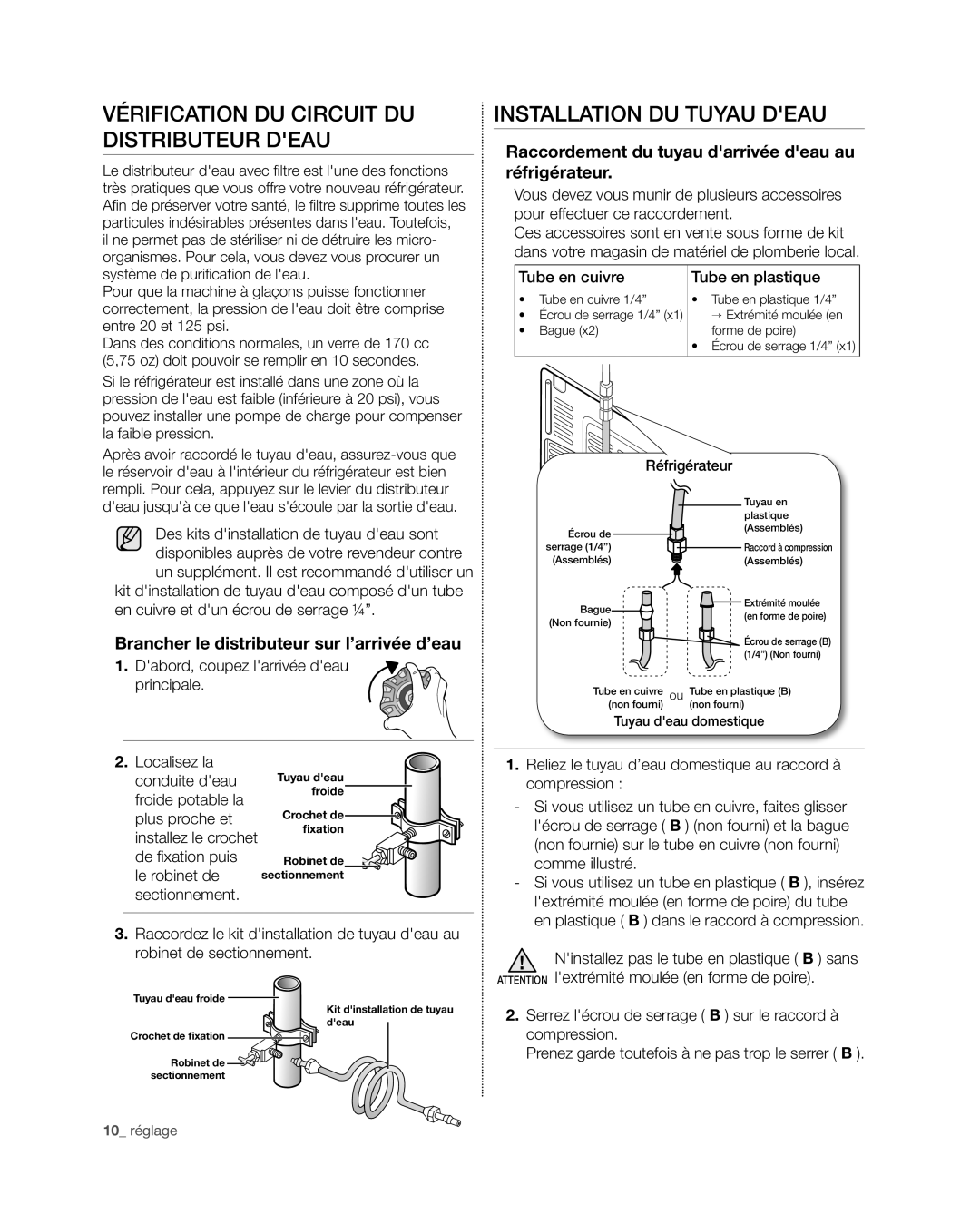 Samsung RF4267HA user manual Vérification du circuit du distributeur deau, Installation du tuyau deau, Tube en cuivre 