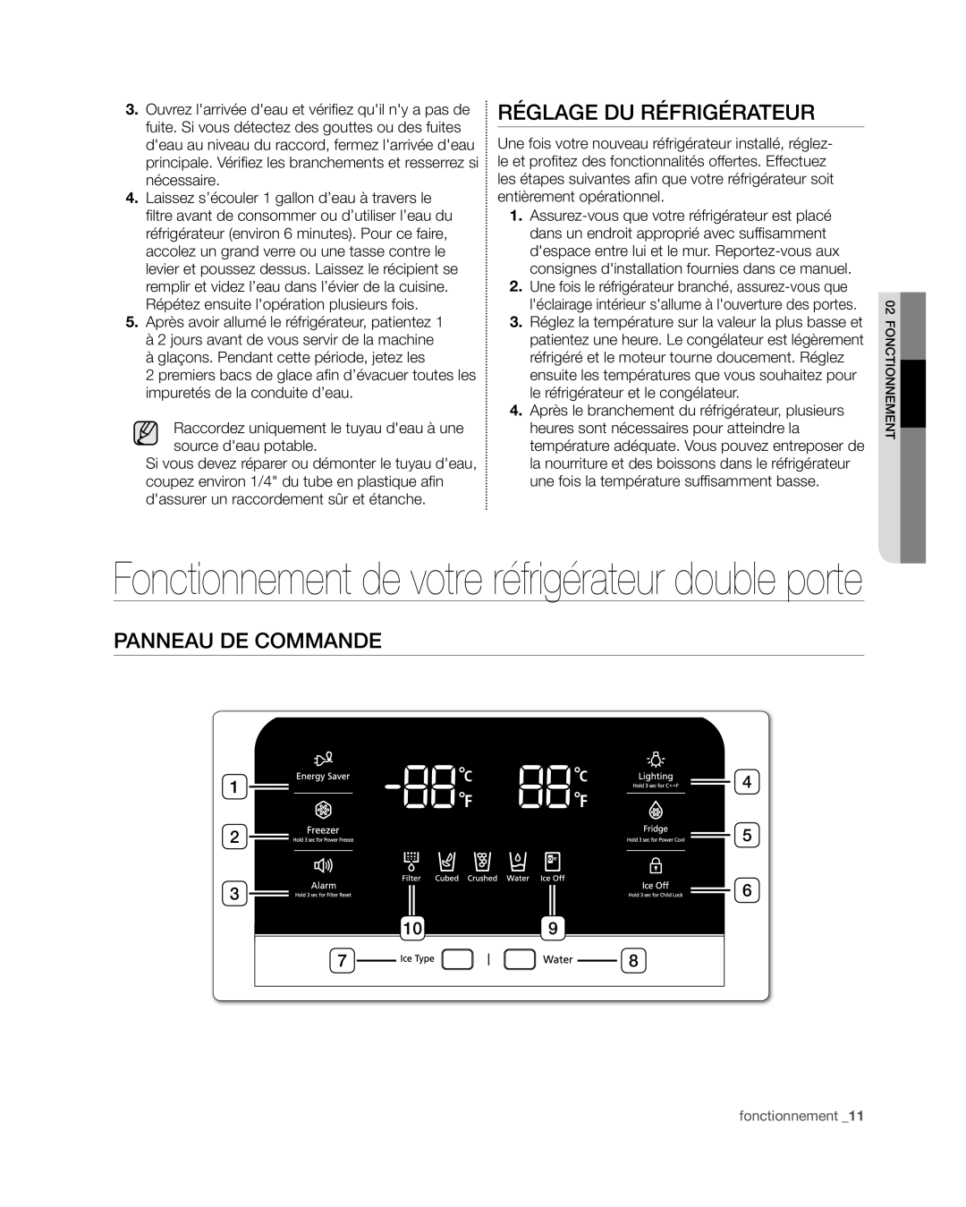 Samsung RF4267HA user manual Réglage du réfrigérateur, Panneau de commande 