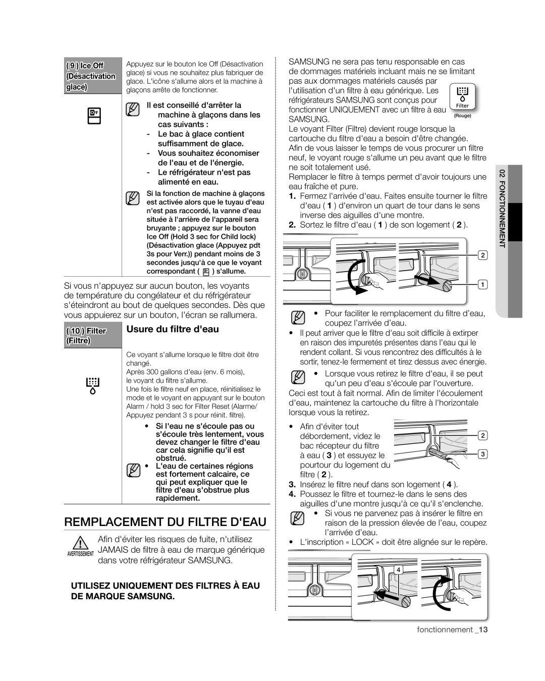 Samsung RF4267HA user manual Remplacement du filtre deau, Usure du filtre deau 
