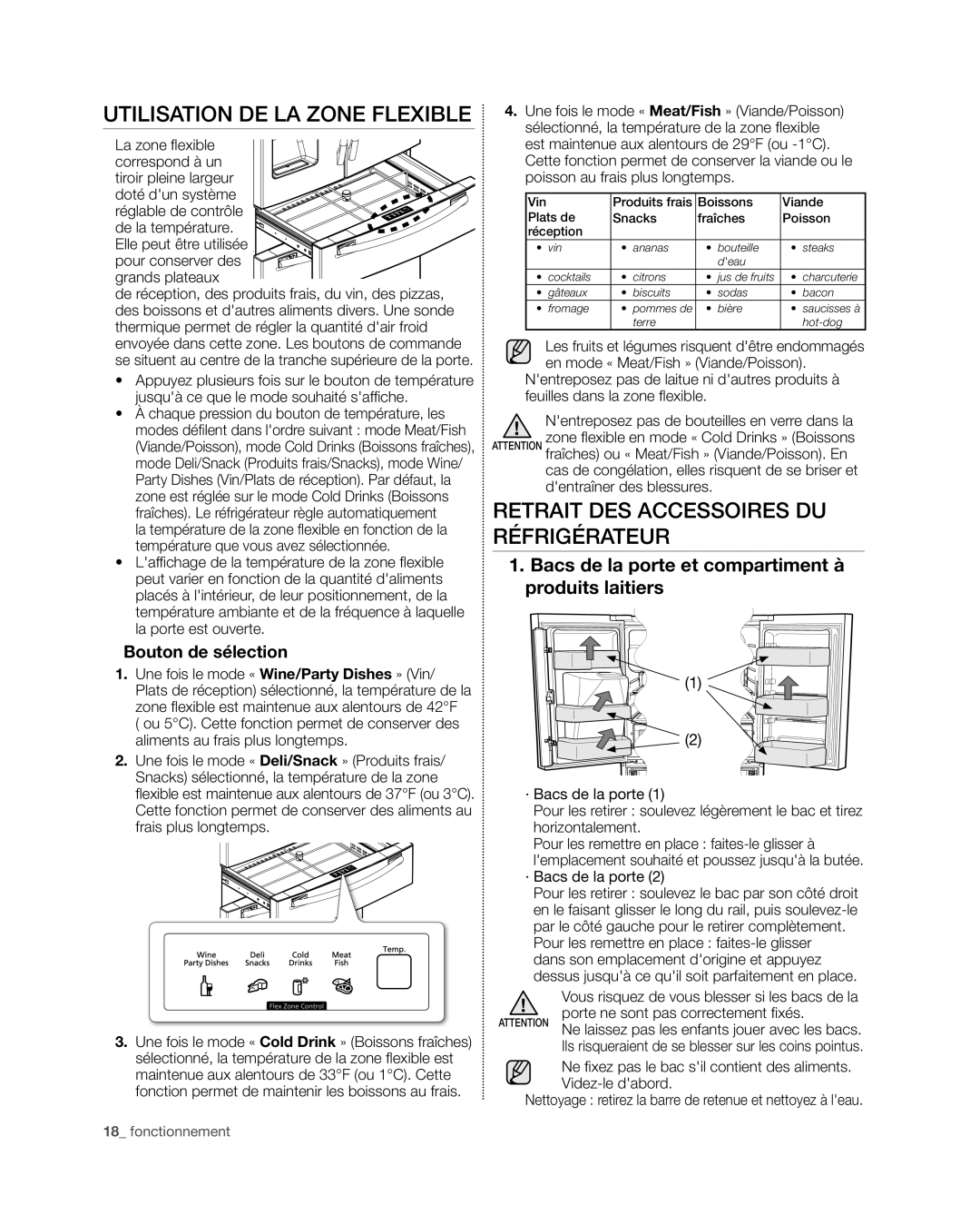 Samsung RF4267HA user manual Utilisation de la zone flexible, Retrait des accessoires du réfrigérateur, Bouton de sélection 