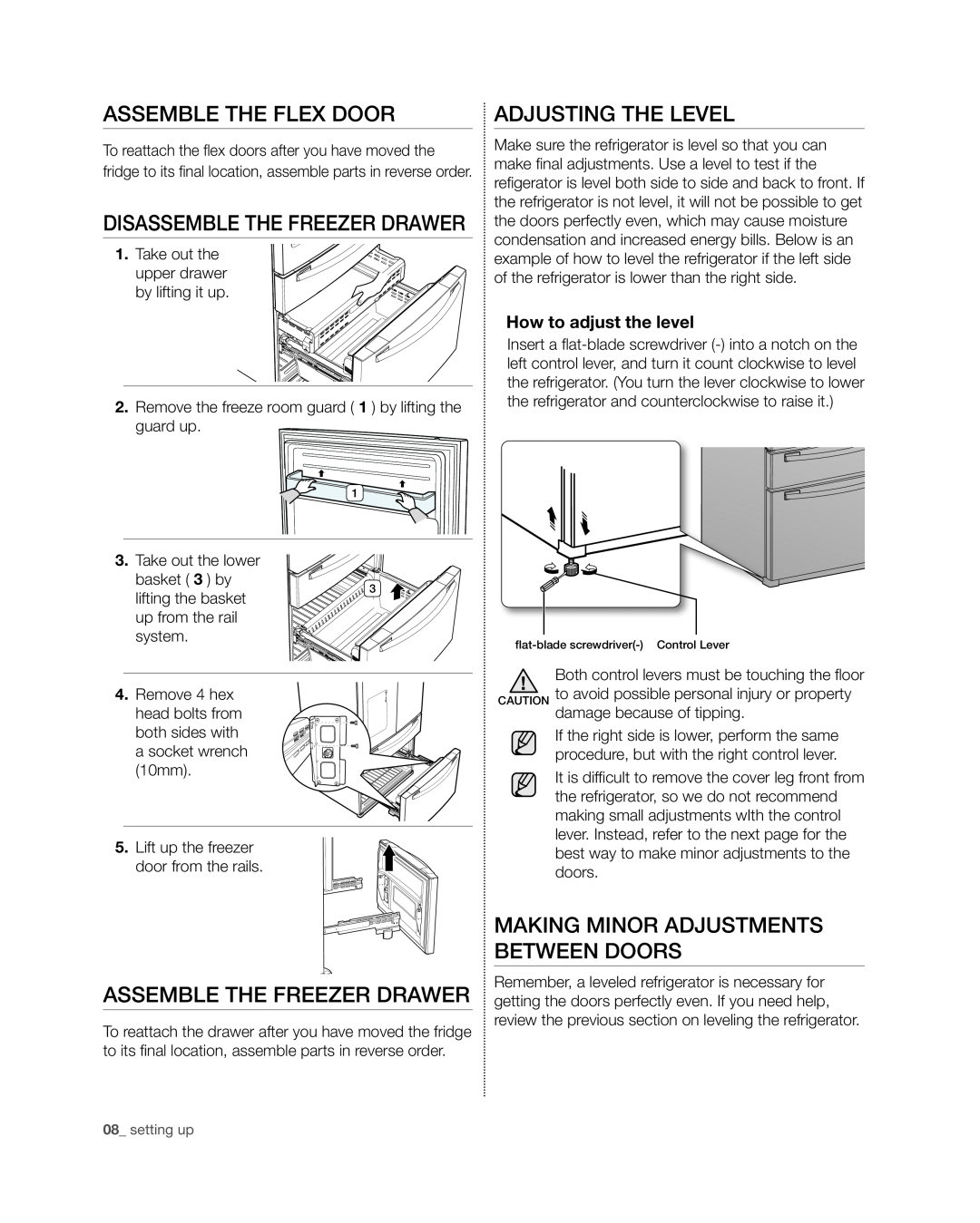 Samsung RF4267HA Assemble The Flex Door, Disassemble the freezer drawer, Adjusting the Level, Assemble the freezer drawer 