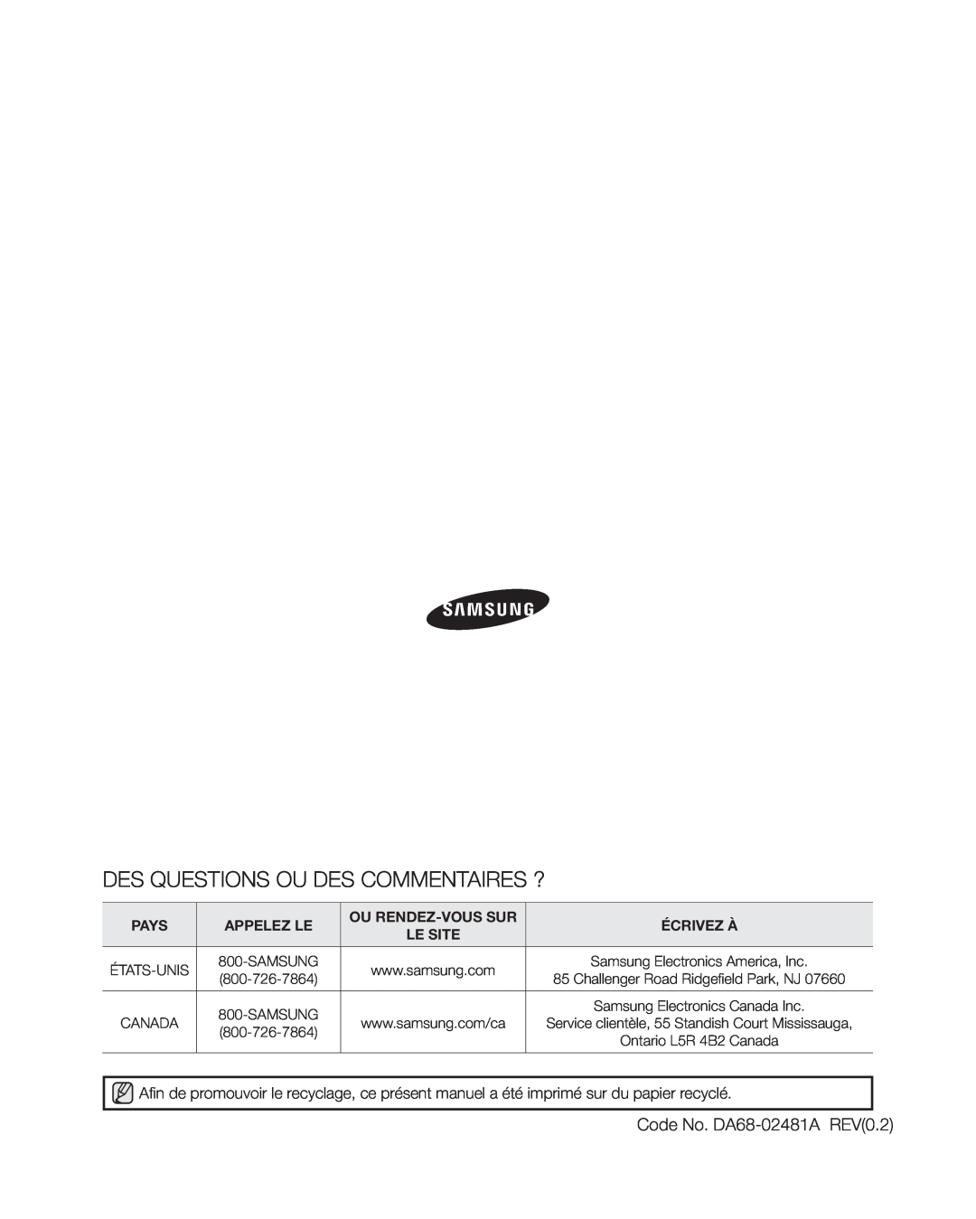 Samsung RF4267HA user manual Des Questions Ou Des Commentaires ?, Pays, Appelez Le, Ou Rendez-Voussur, Écrivez À 