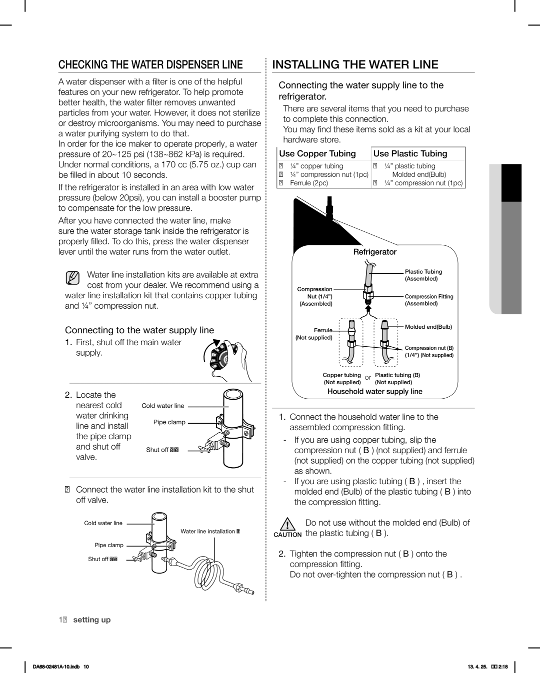 Samsung RF4267HARS, RF4267HABP, RF4267HAWP Installing the Water Line, Connecting the water supply line to the refrigerator 