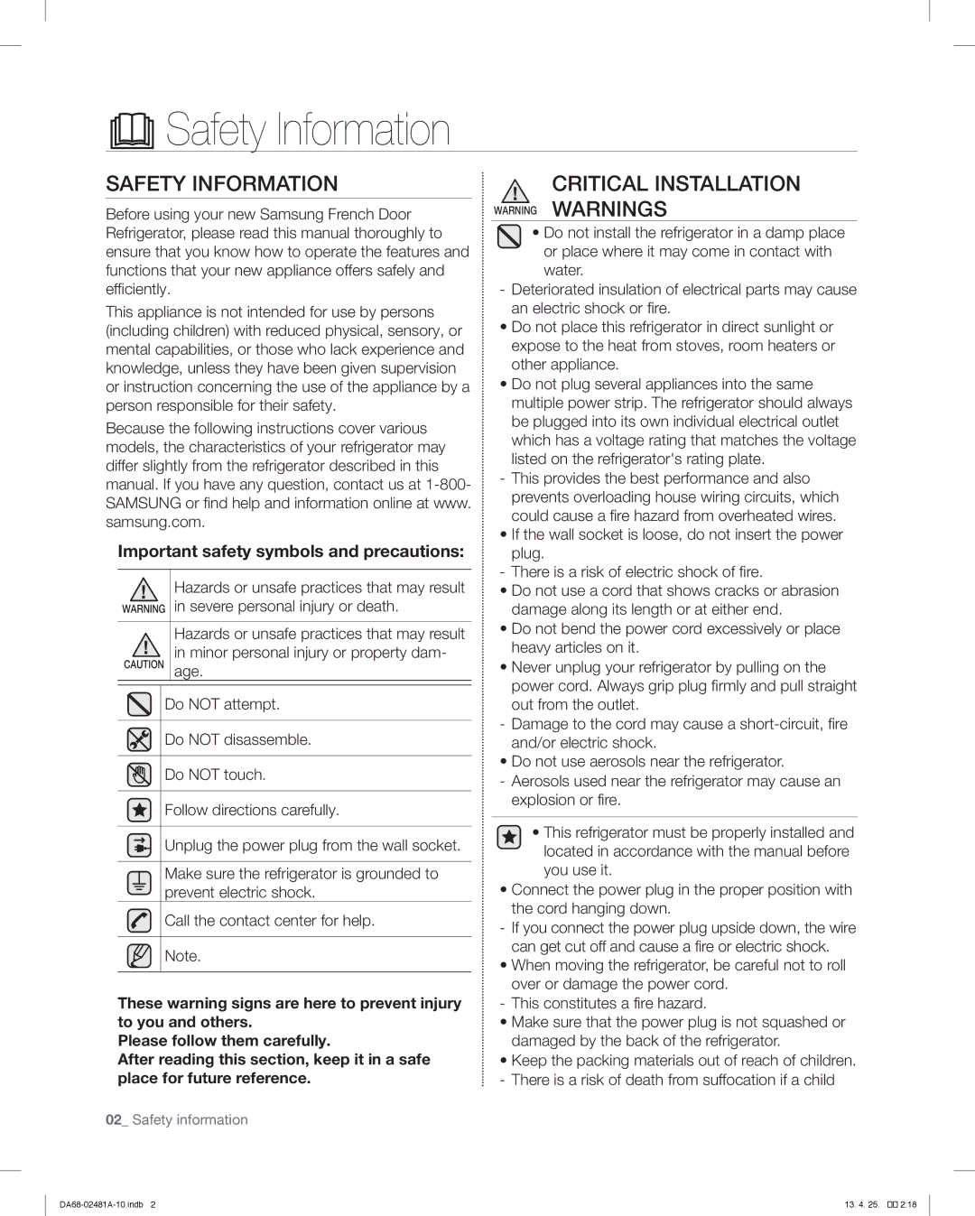 Samsung RF4267HAWP, RF4267HABP, RF4267HARS user manual Safety Information, Important safety symbols and precautions 