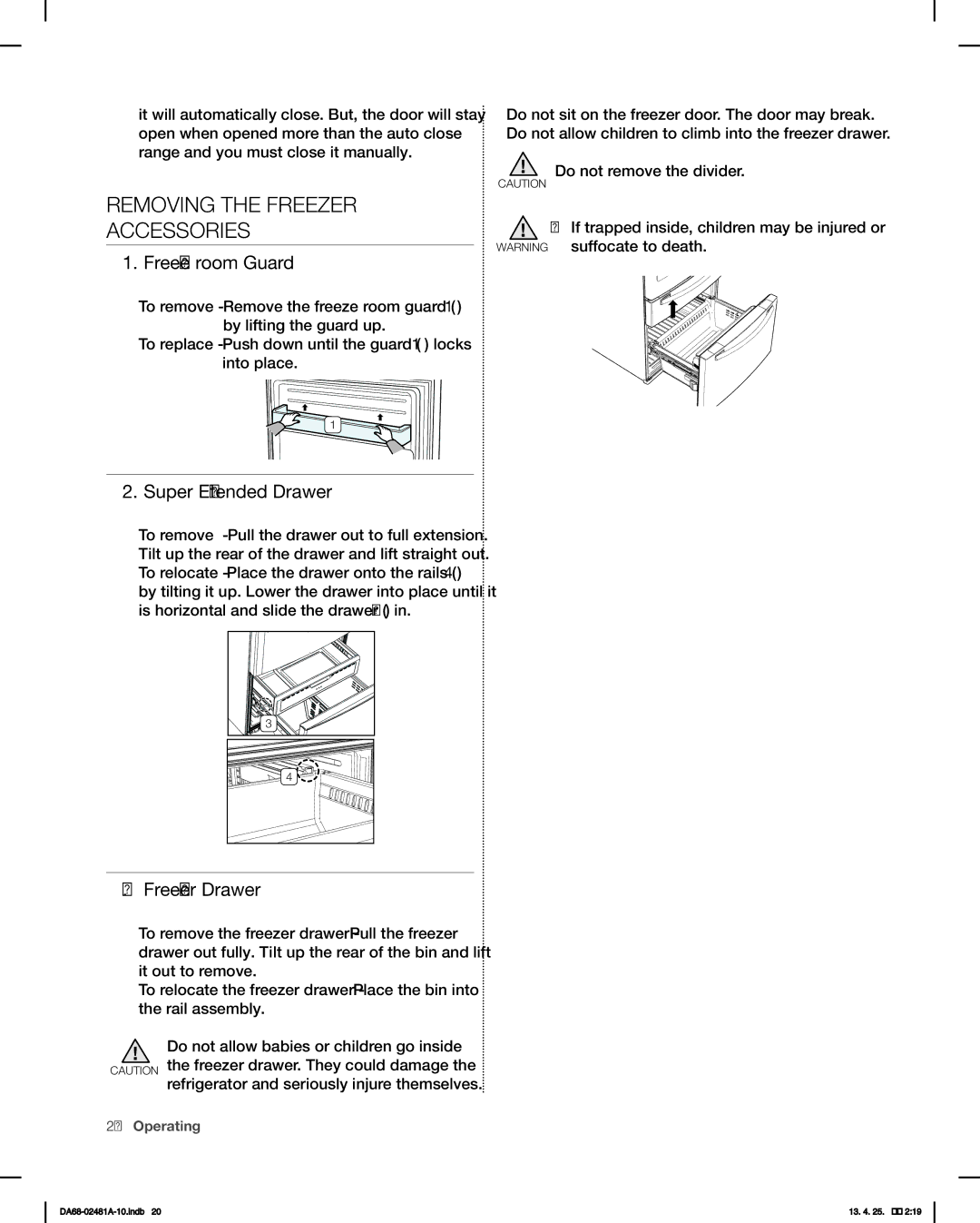 Samsung RF4267HAWP, RF4267HABP Removing the Freezer Accessories, Freeze room Guard, Super Extended Drawer, Freezer Drawer 