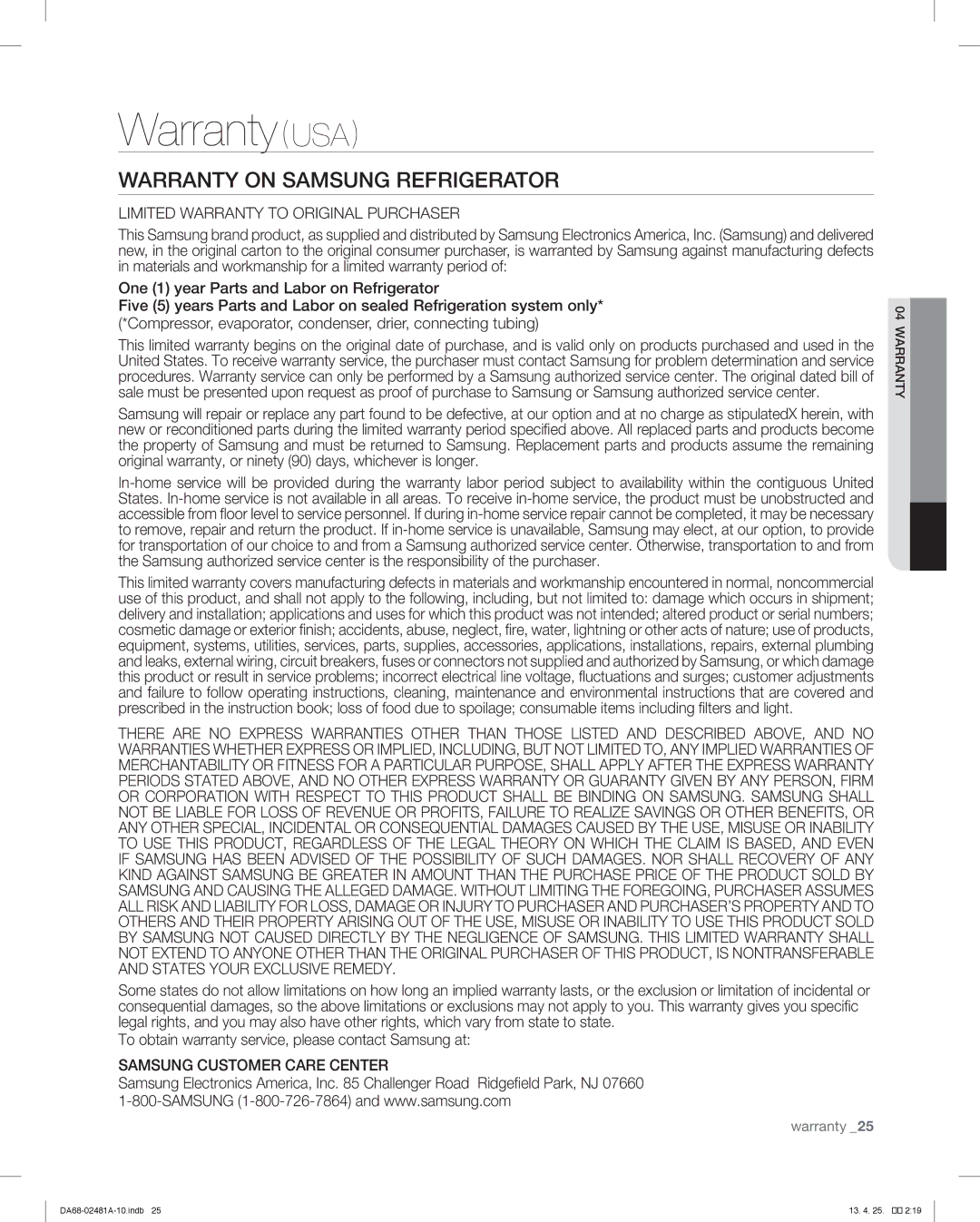 Samsung RF4267HARS, RF4267HABP, RF4267HAWP user manual Warranty USA, Warranty on Samsung Refrigerator, 04warranty 