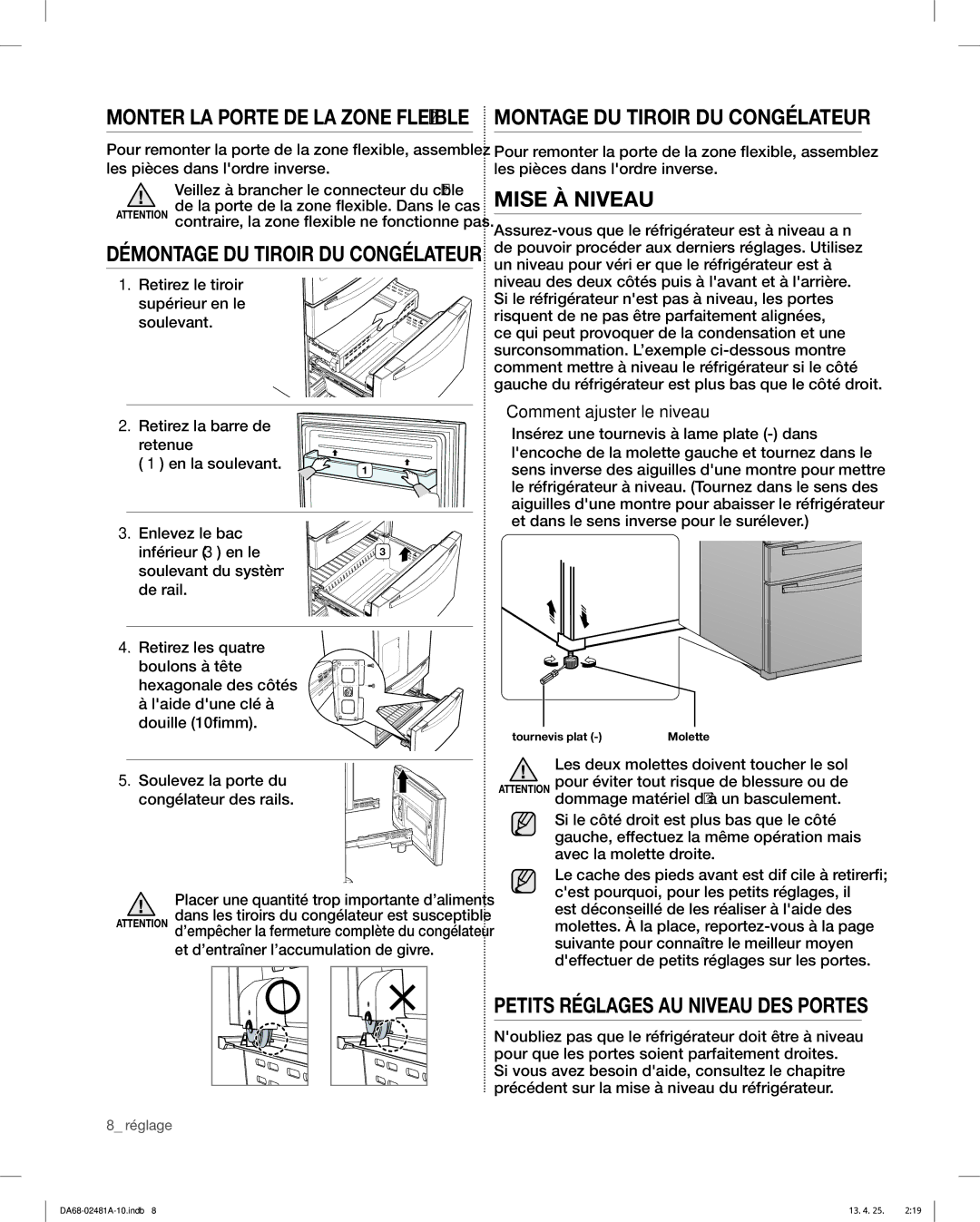 Samsung RF4267HARS, RF4267HABP Montage DU Tiroir DU Congélateur, Mise À Niveau, Petits Réglages AU Niveau DES Portes 