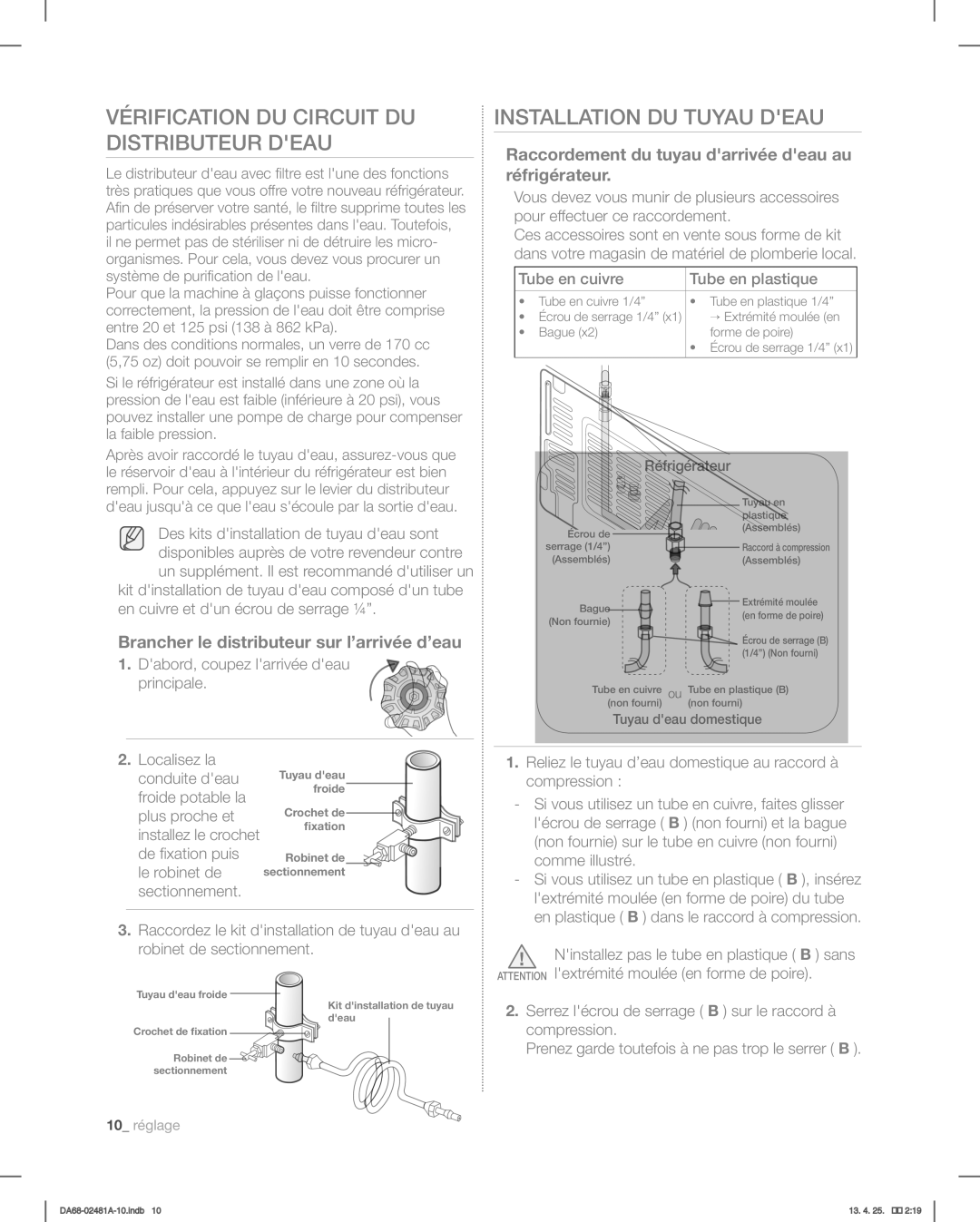 Samsung RF4267HABP, RF4267HARS, RF4267HAWP Vérification DU Circuit DU Distributeur Deau, Installation DU Tuyau Deau 