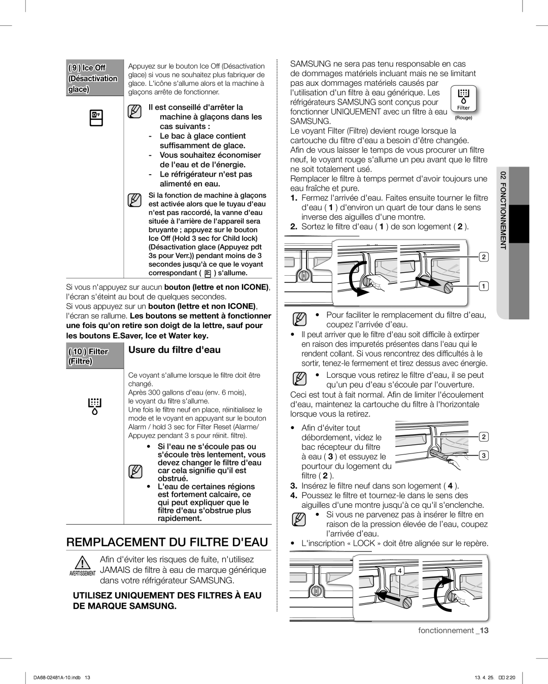 Samsung RF4267HABP Remplacement DU Filtre Deau, Usure du filtre deau, Afin déviter les risques de fuite, nutilisez 