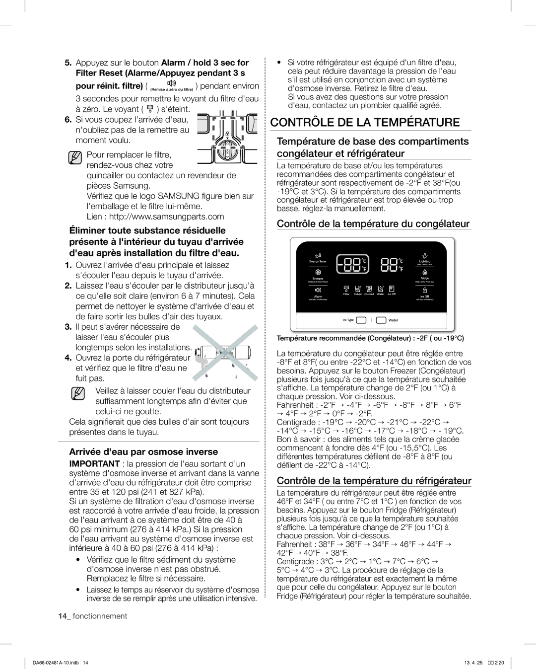 Samsung RF4267HARS Contrôle DE LA Température, Contrôle de la température du congélateur, Arrivée deau par osmose inverse 