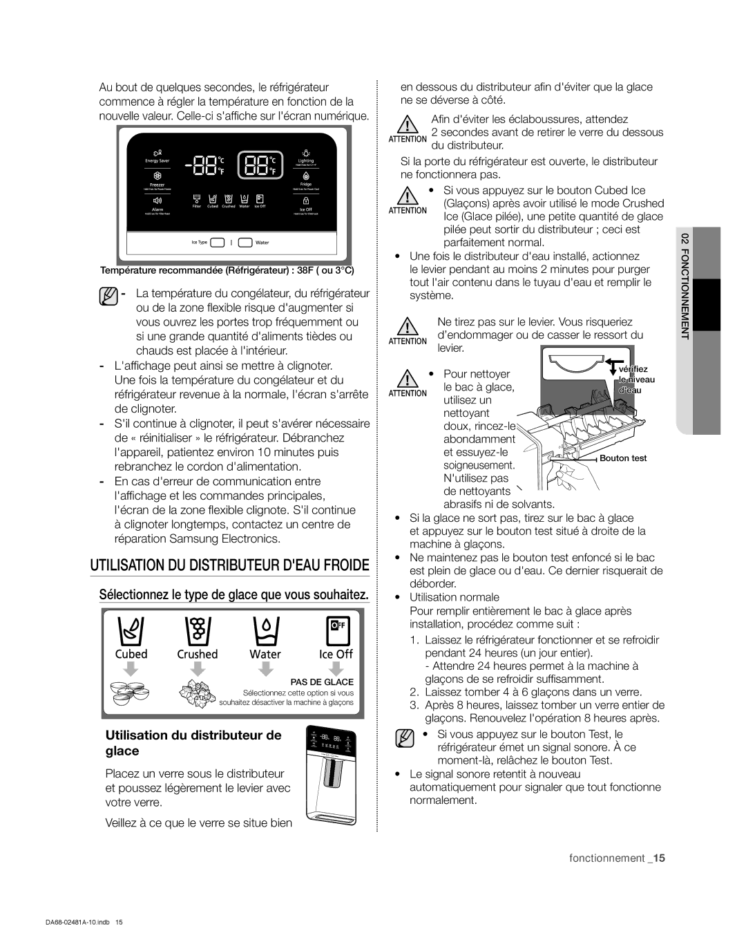 Samsung RF4267HAWP Utilisation du distributeur de glace, Pilée peut sortir du distributeur ceci est, Le bac à glace 