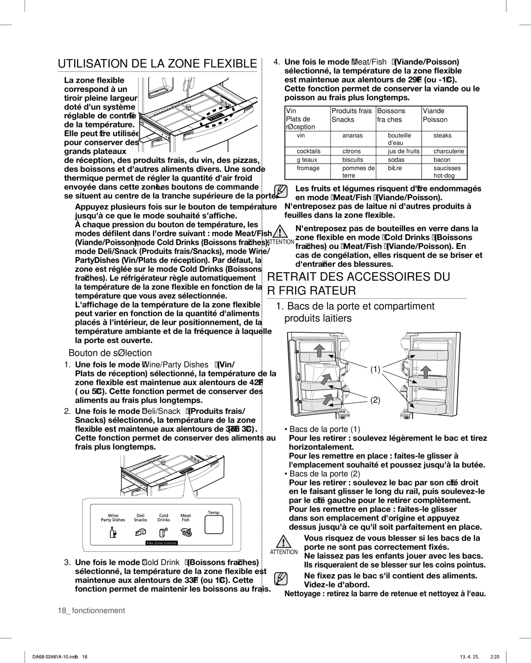 Samsung RF4267HAWP Utilisation DE LA Zone Flexible, Retrait DES Accessoires DU Réfrigérateur, Bouton de sélection 