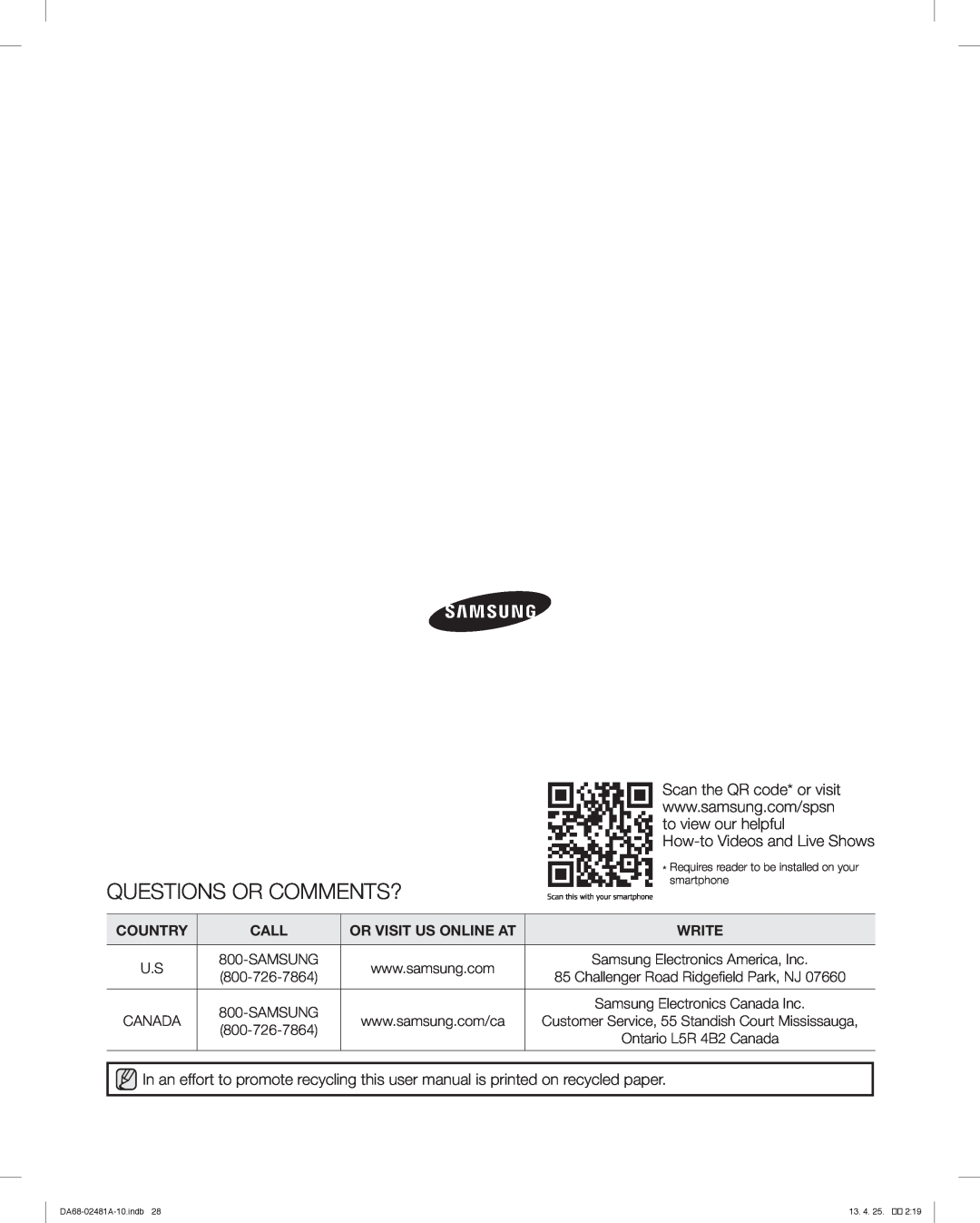 Samsung RF4267HARS Questions Or Comments?, Country, Call, Or Visit Us Online At, Write, DA68-02481A-10.indb, 13. 4. 25 