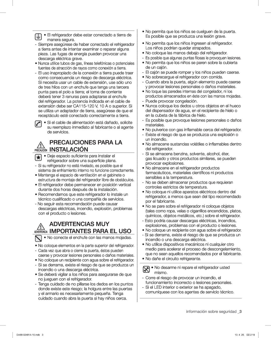 Samsung RF4267HARS, RF4267HABP user manual Advertencias Muy Advertencia Importantes Para El Uso, información sobre seguridad 