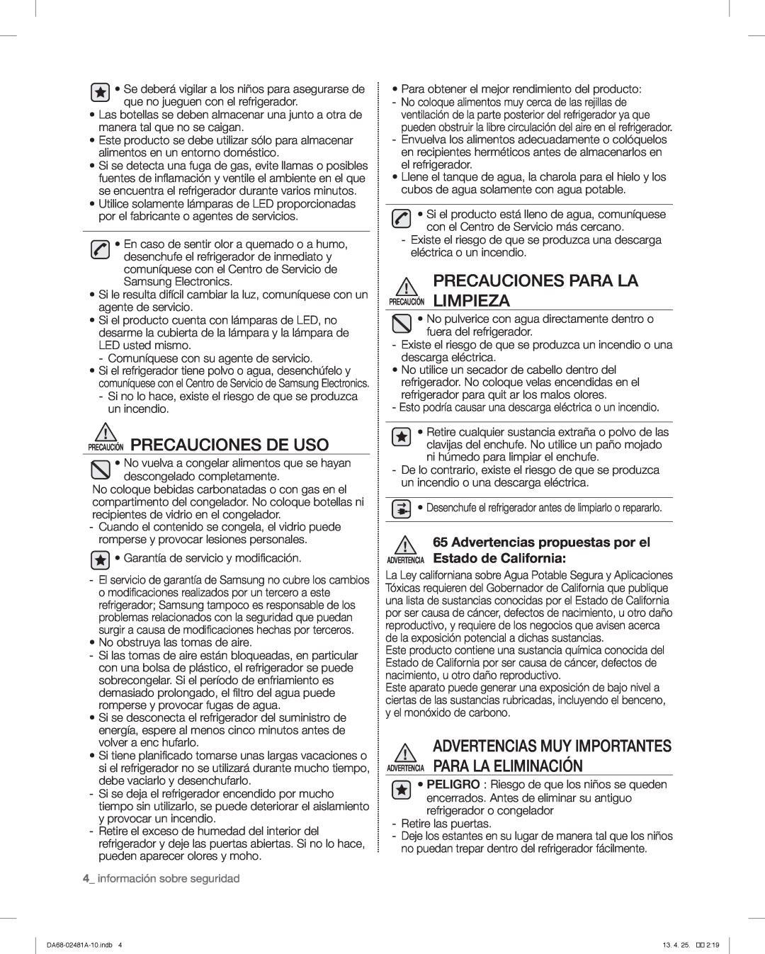 Samsung RF4267HAWP, RF4267HABP, RF4267HARS user manual Precaución Precauciones De Uso, Precauciones Para La 