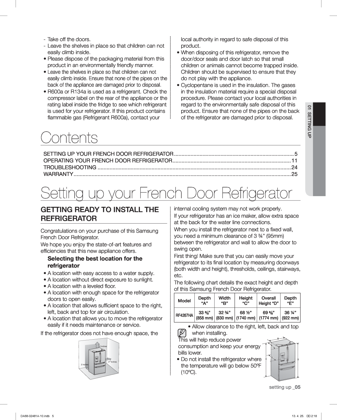 Samsung RF4267HAWP Contents, Setting up your French Door Refrigerator, Getting Ready To Install The Refrigerator 