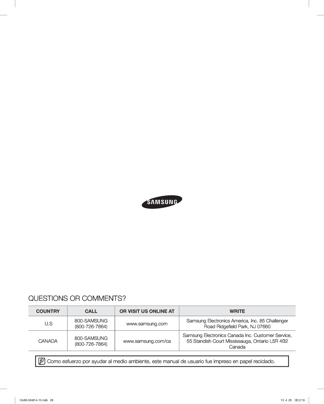 Samsung RF4267HAWP Questions Or Comments?, Country, Call, Or Visit Us Online At, Write, DA68-02481A-10.indb, 13. 4. 25 