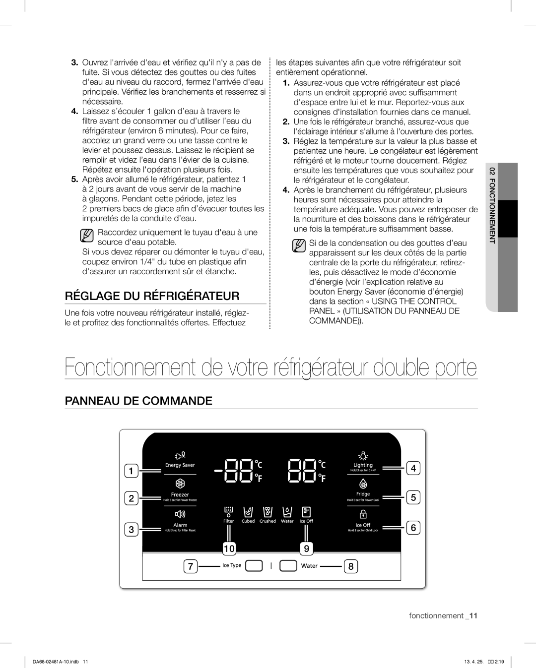 Samsung RF4267HARS Réglage Du Réfrigérateur, Panneau De Commande, Fonctionnement de votre réfrigérateur double porte 