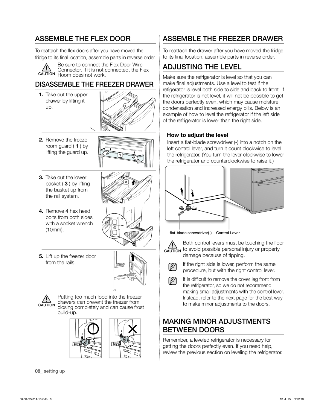 Samsung RF4267HAWP Assemble The Flex Door, Assemble The Freezer Drawer, Adjusting The Level, How to adjust the level 