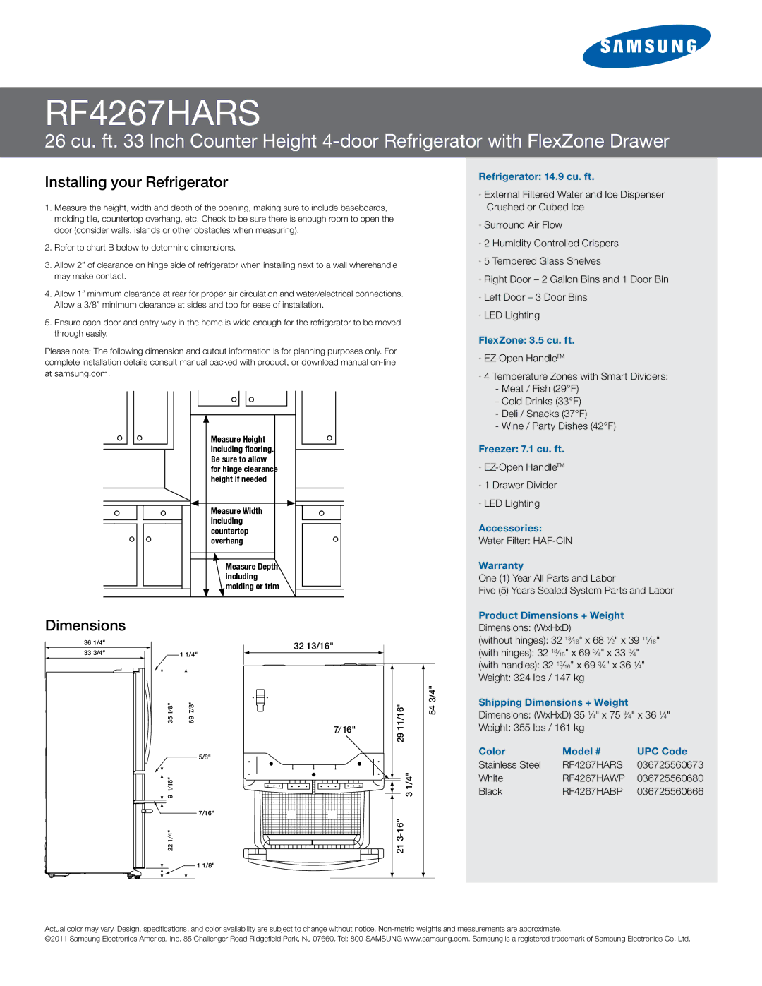 Samsung RF4267HARS manual Installing your Refrigerator, Dimensions 